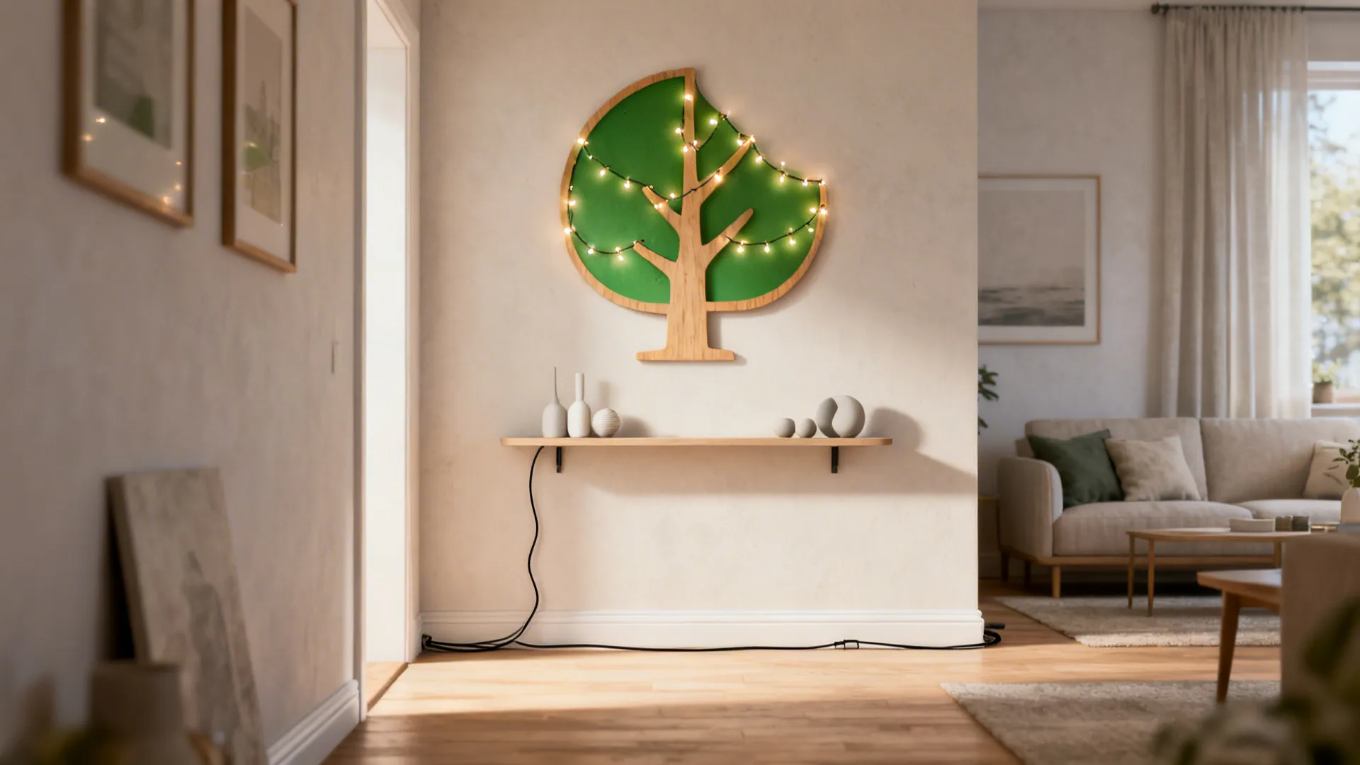 Wall-mounted wooden tree silhouette with LED garlands in a small living room, cord hidden along trim.