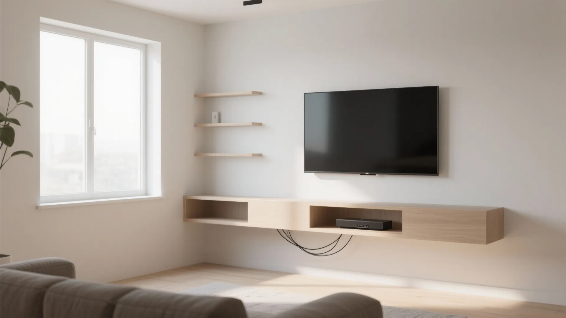 Wall mounted TV above a floating wooden cabinet with small shelves and a bright window