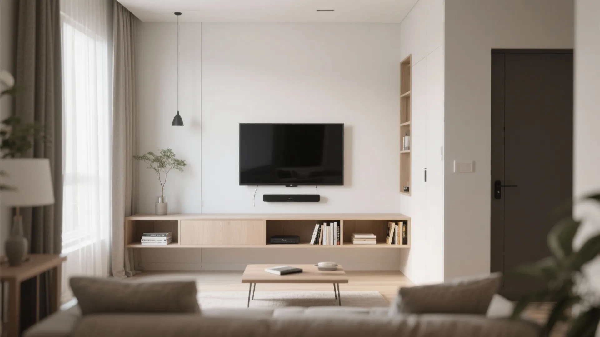 Small living room with wall-mounted TV and floating console