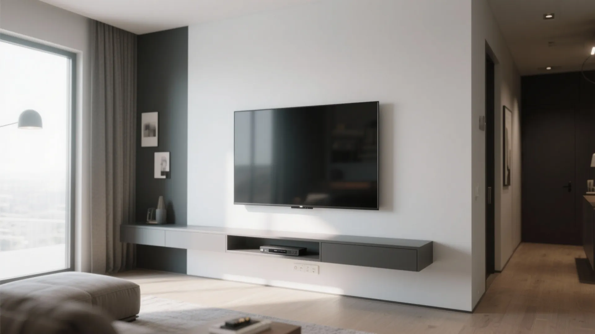 Modern wall mounted TV on white wall with grey floating cabinet and wooden floor design