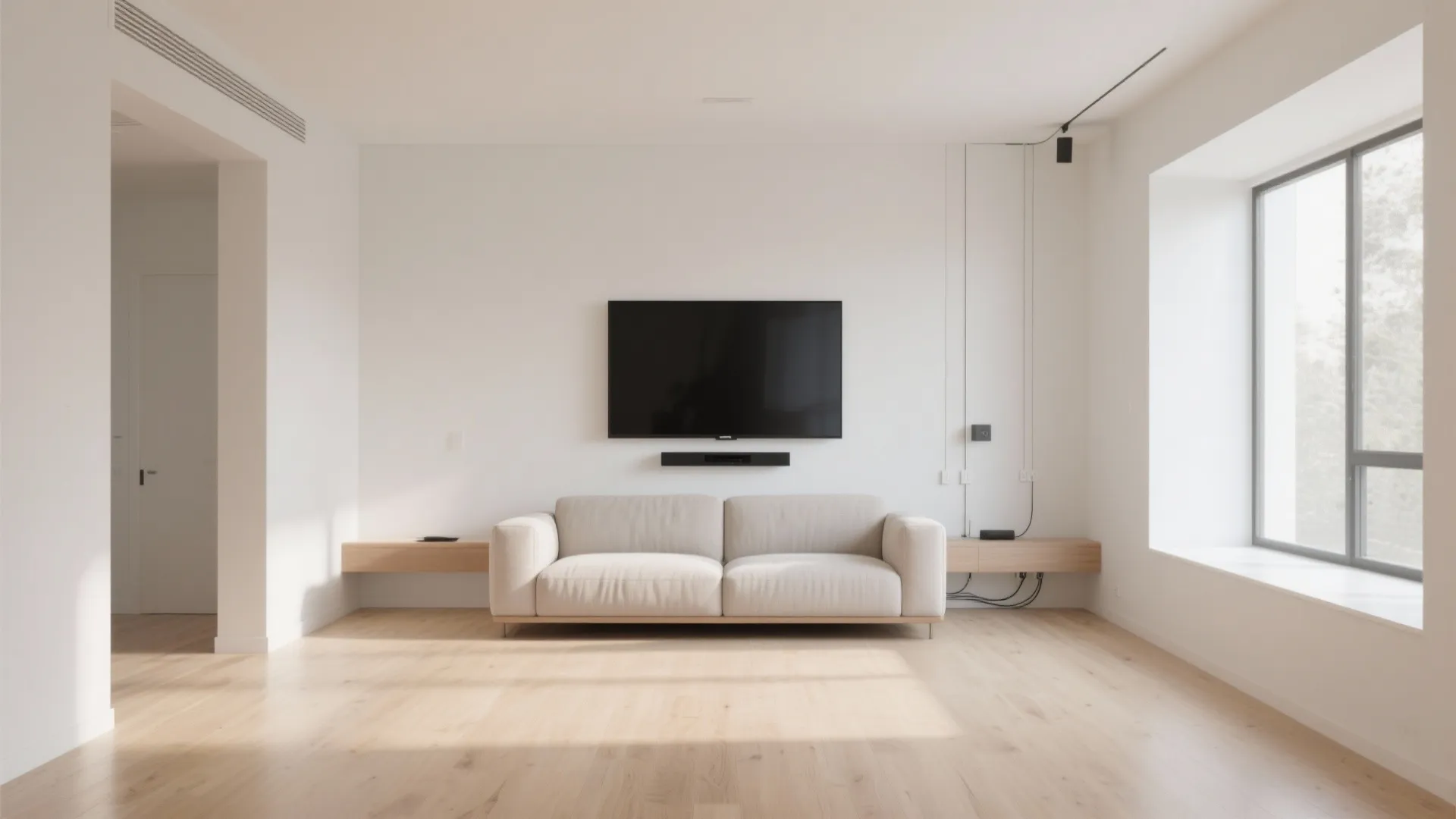 Minimalist white living room with wall mounted television above beige sofa and light wood floor