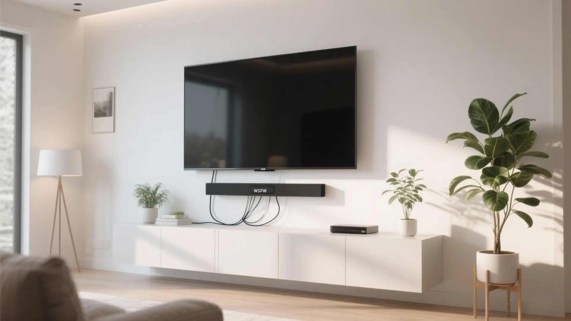 Wall mounted television above white cabinet with soundbar green potted plants and minimalist floor lamp