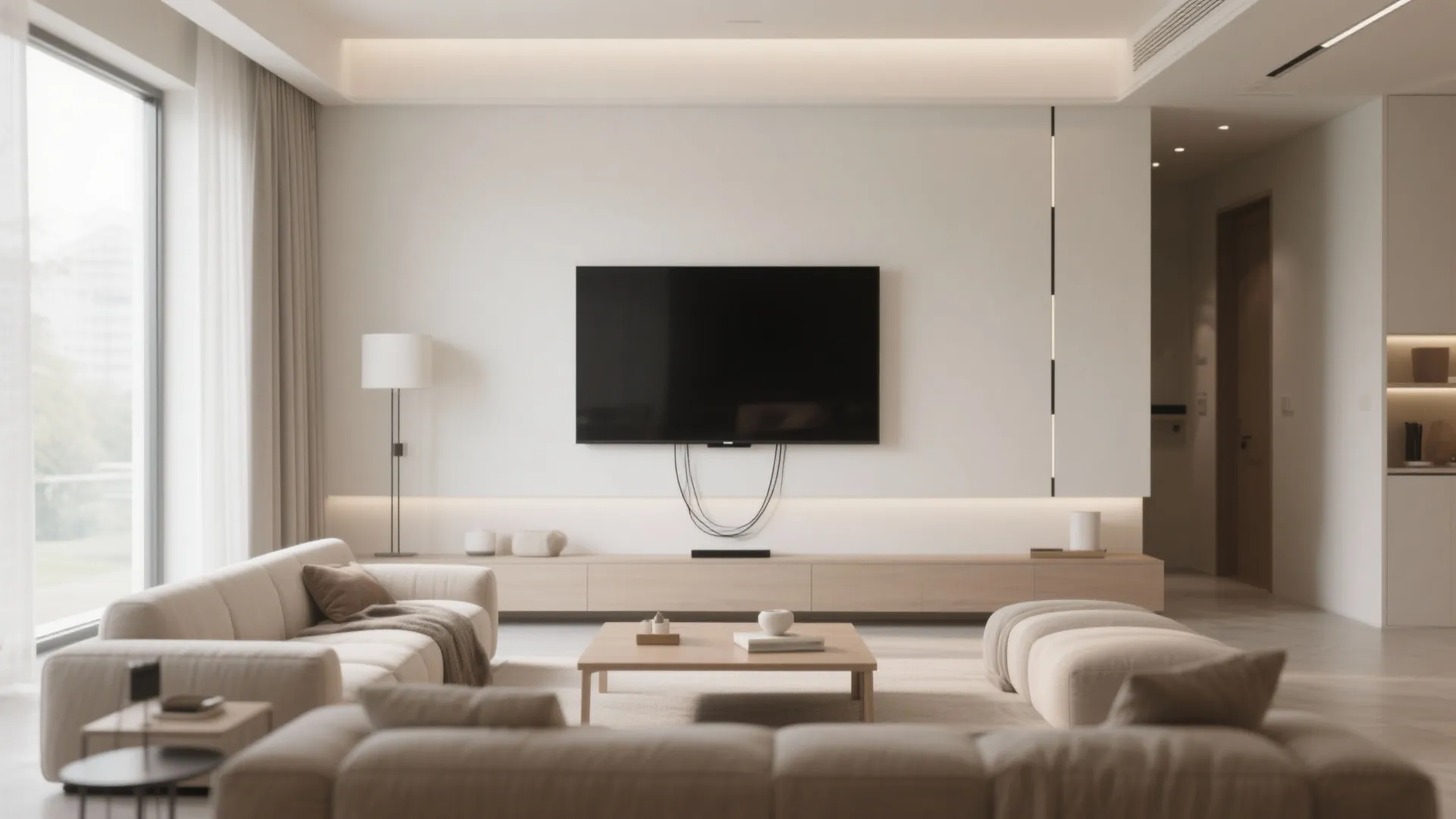 Modern living room with wall mounted television wooden cabinet light grey sofa and large window