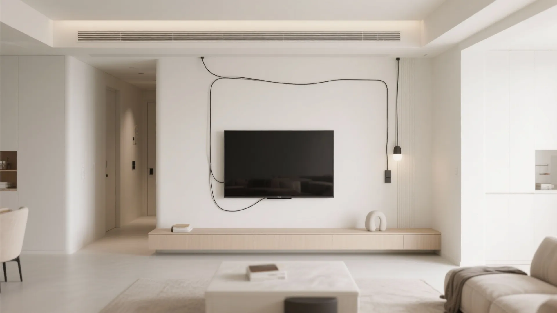 Modern white living room featuring a wall mounted television above a long low wooden cabinet