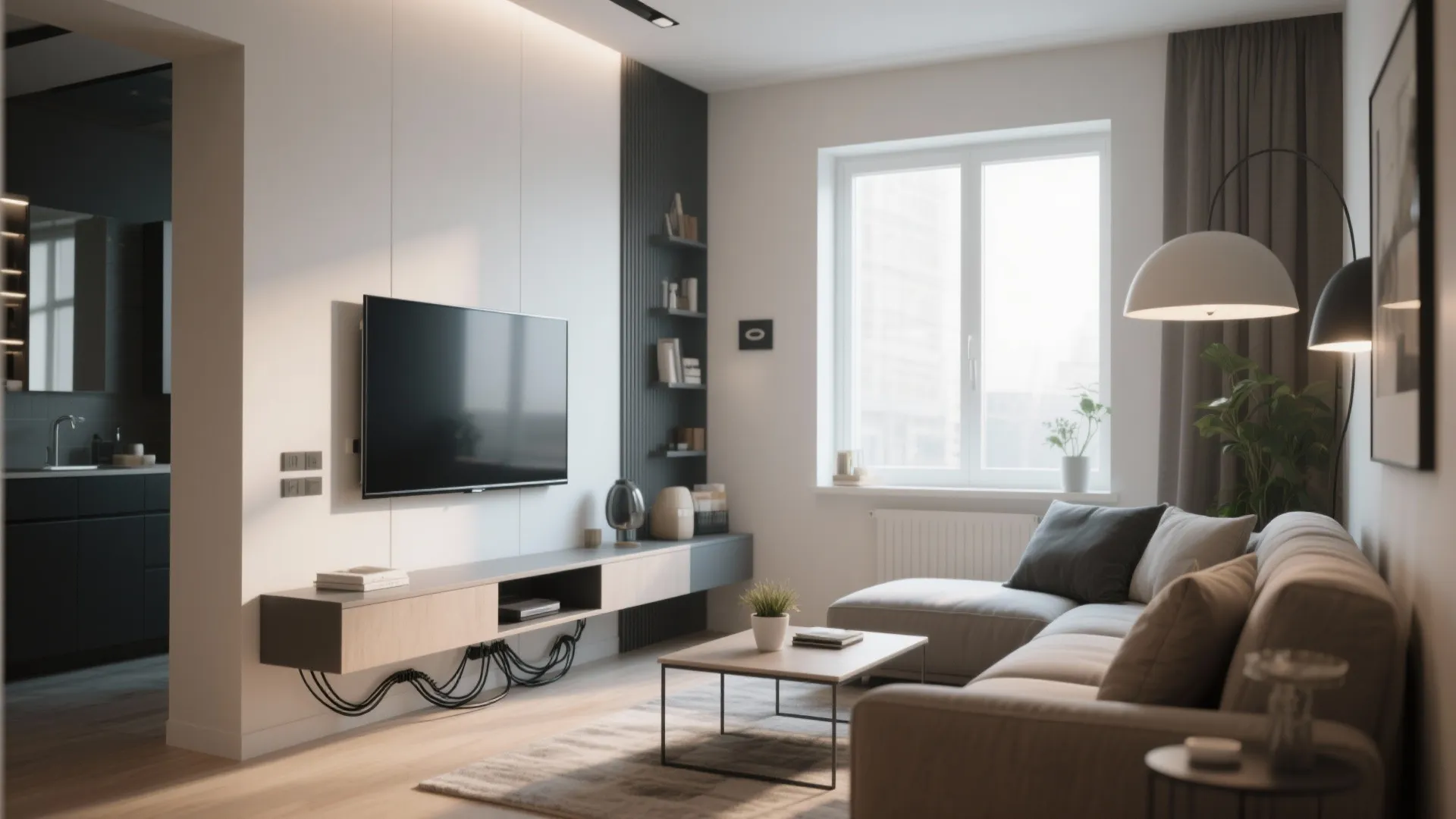 Modern living room with wall mounted television wooden cabinet grey sofa coffee table and window