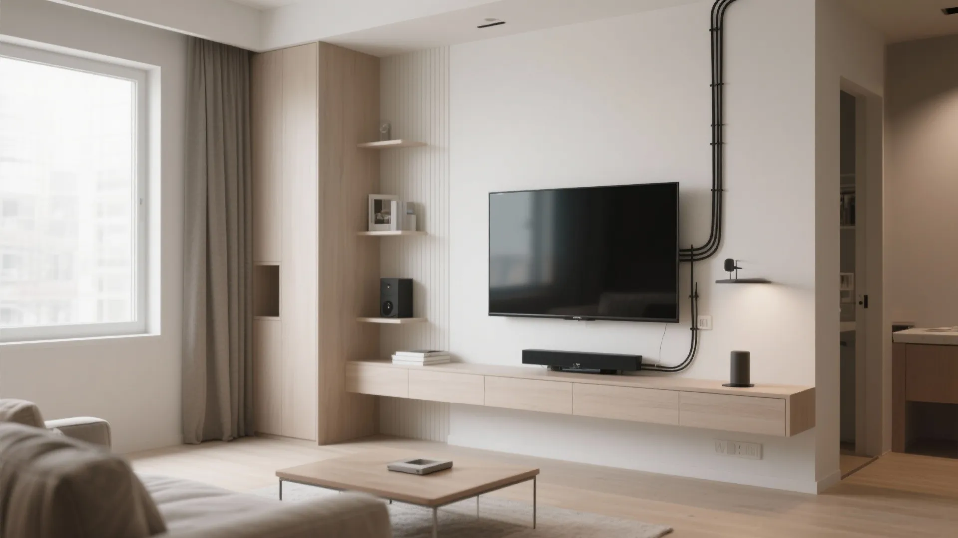 Minimalist living area featuring wall mounted television wooden cabinet shelving unit window curtains and coffee table