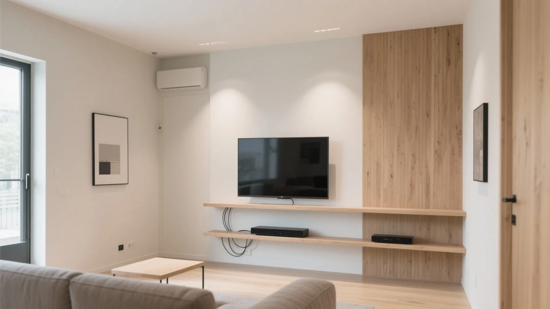 Living room with wall mounted television over wooden shelves and a vertical wood wall panel