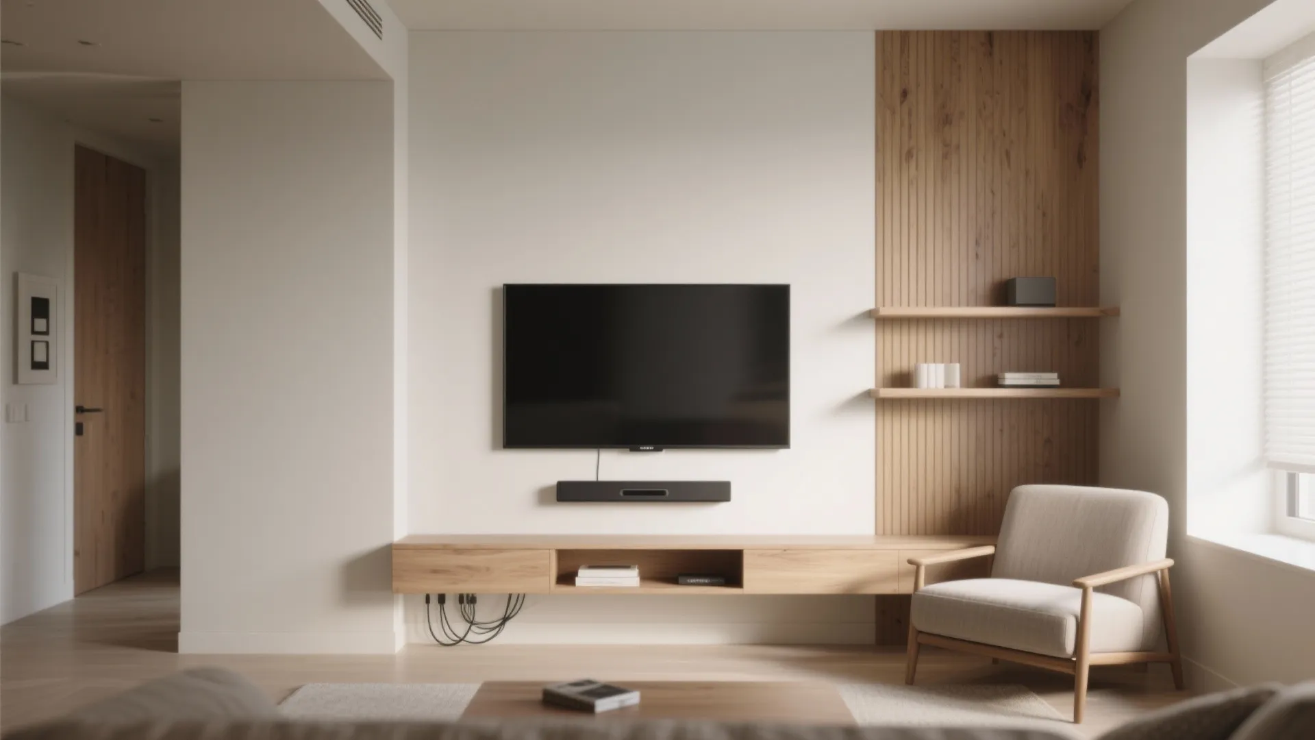 Modern living room with wall mounted television wooden cabinet armchair wall panel and natural light