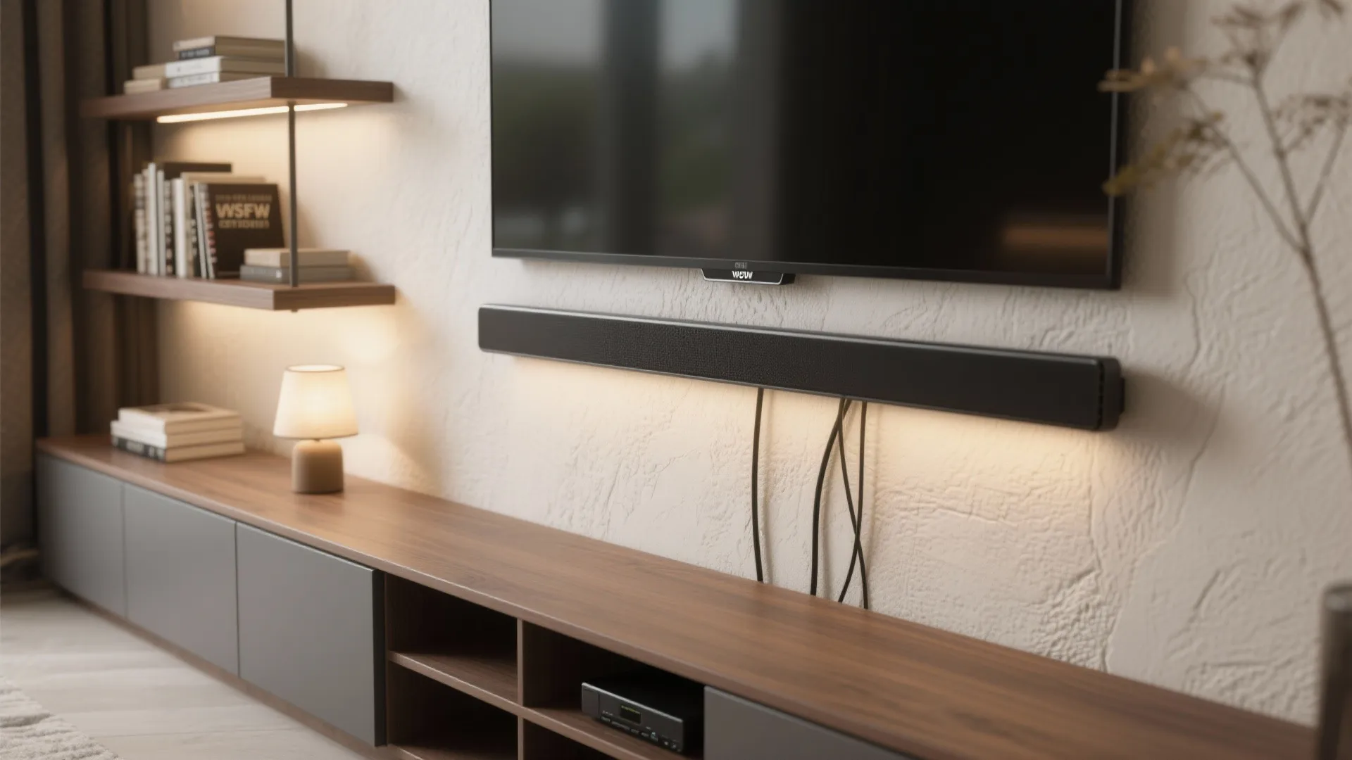 Modern wall mounted television with black speaker bar on textured wall above wooden storage cabinet