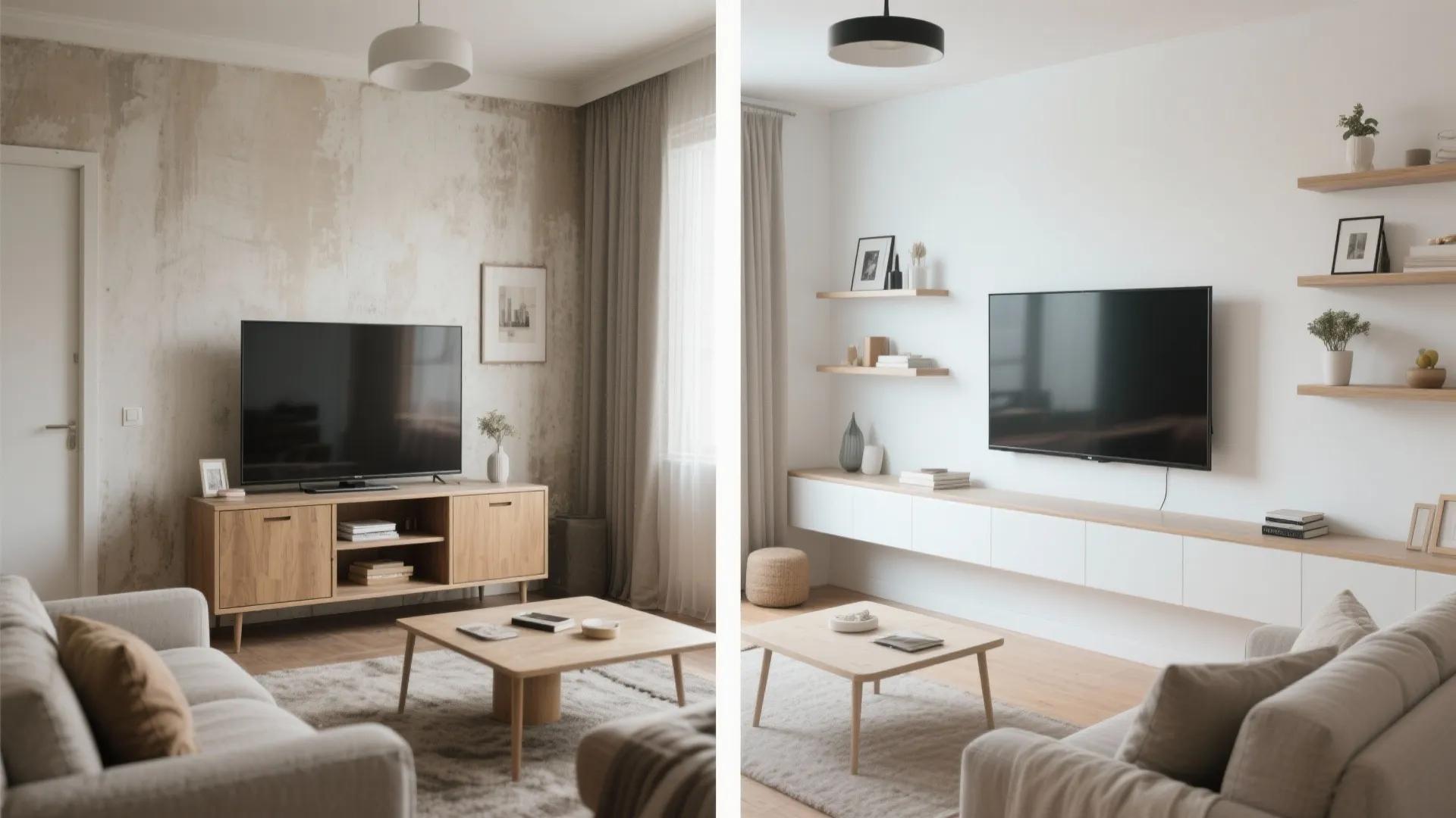 Before and after of living room with wall-mounted TV