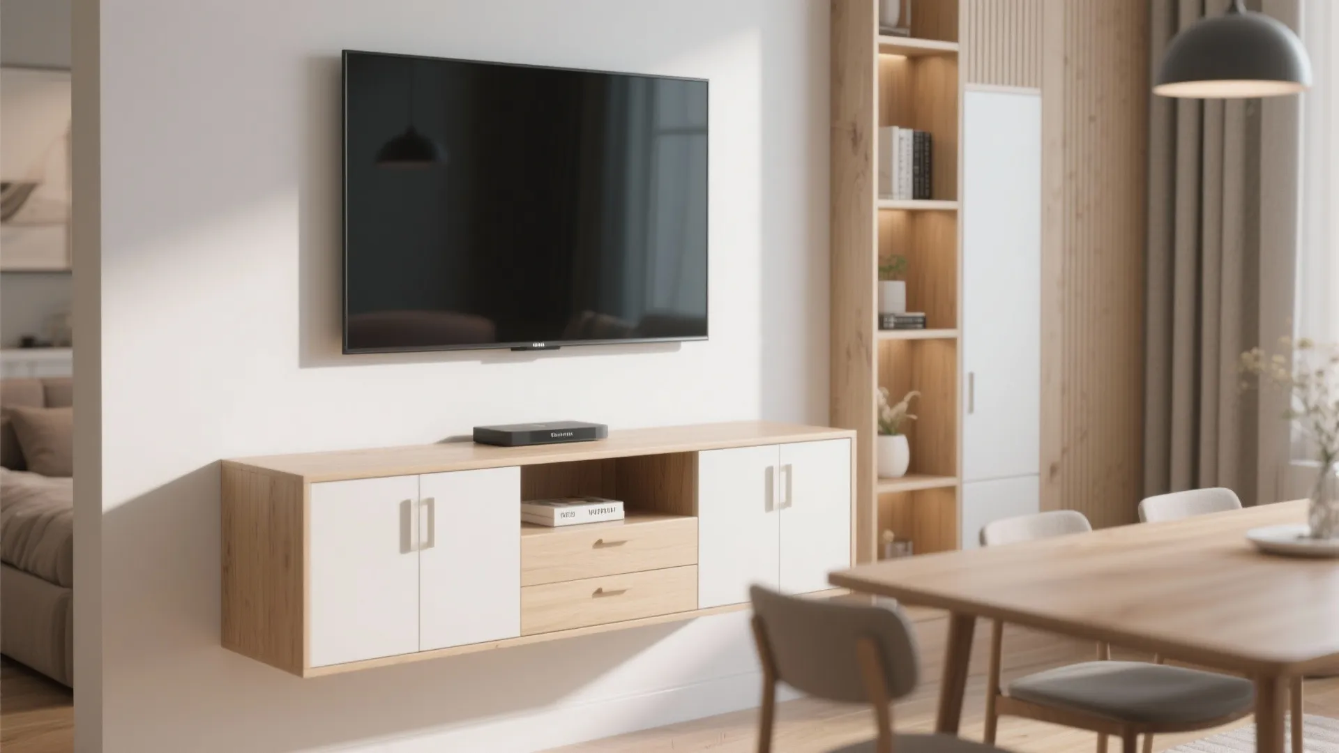 Modern wall mounted tv cabinet with wood and white doors below a large flat screen