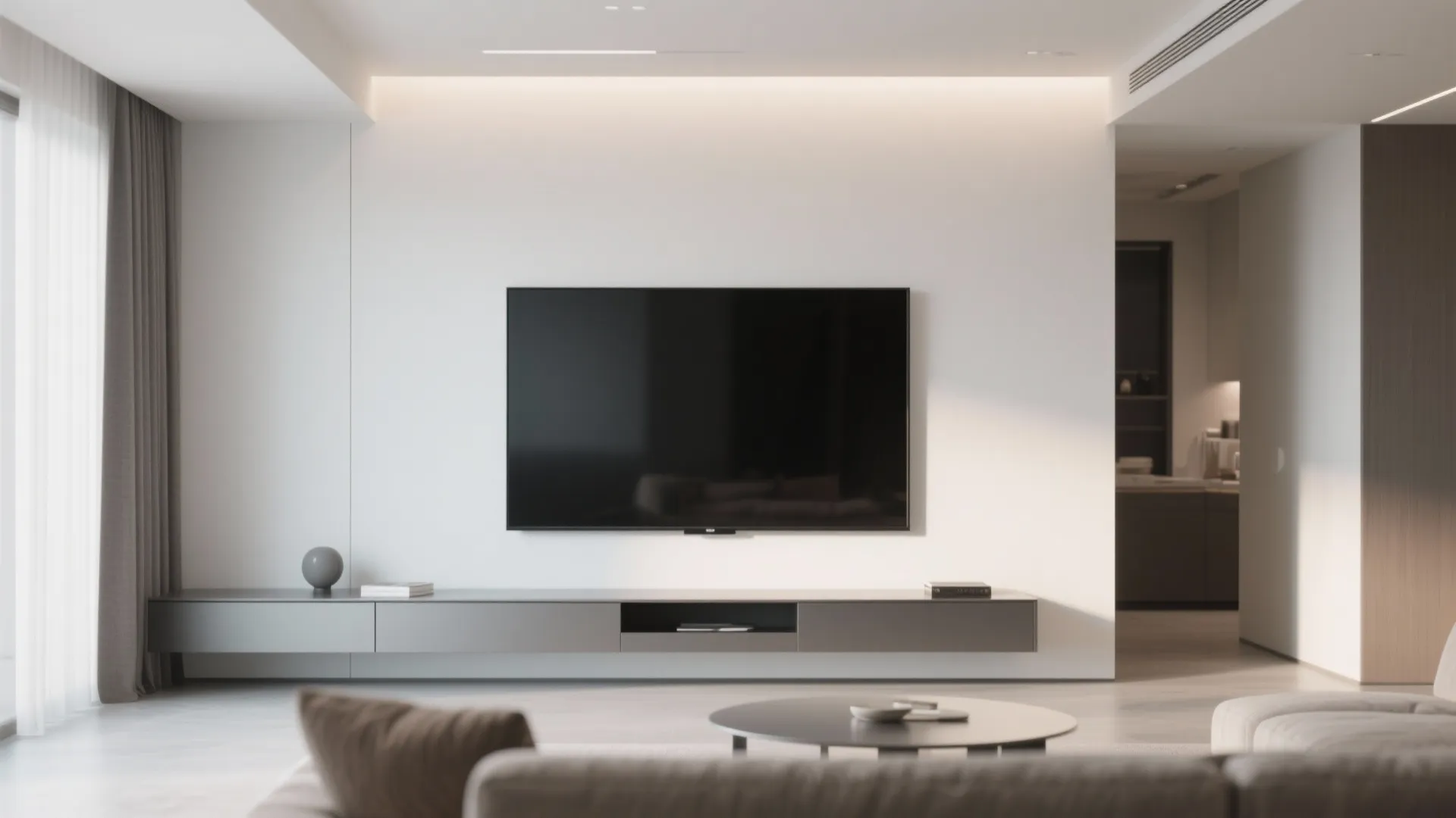 7. Wall-Mounted TV and Floating Console