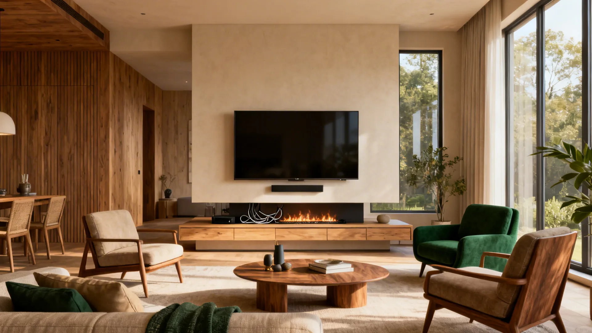 Modern living room with a wall mounted television, fireplace, green armchairs, and wood coffee table