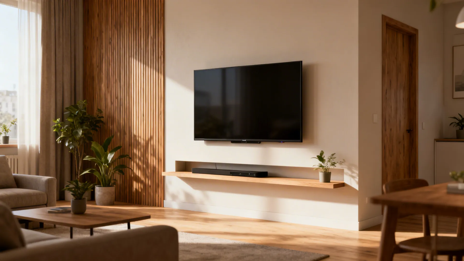 Modern living room with wall mounted television over wooden floating shelf and decorative wood wall panel