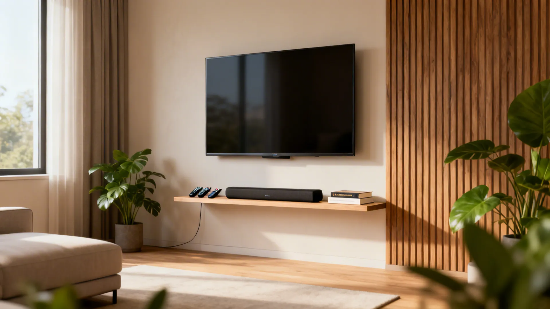 Modern living room with wall mounted television over wooden shelf and soundbar near wood wall feature