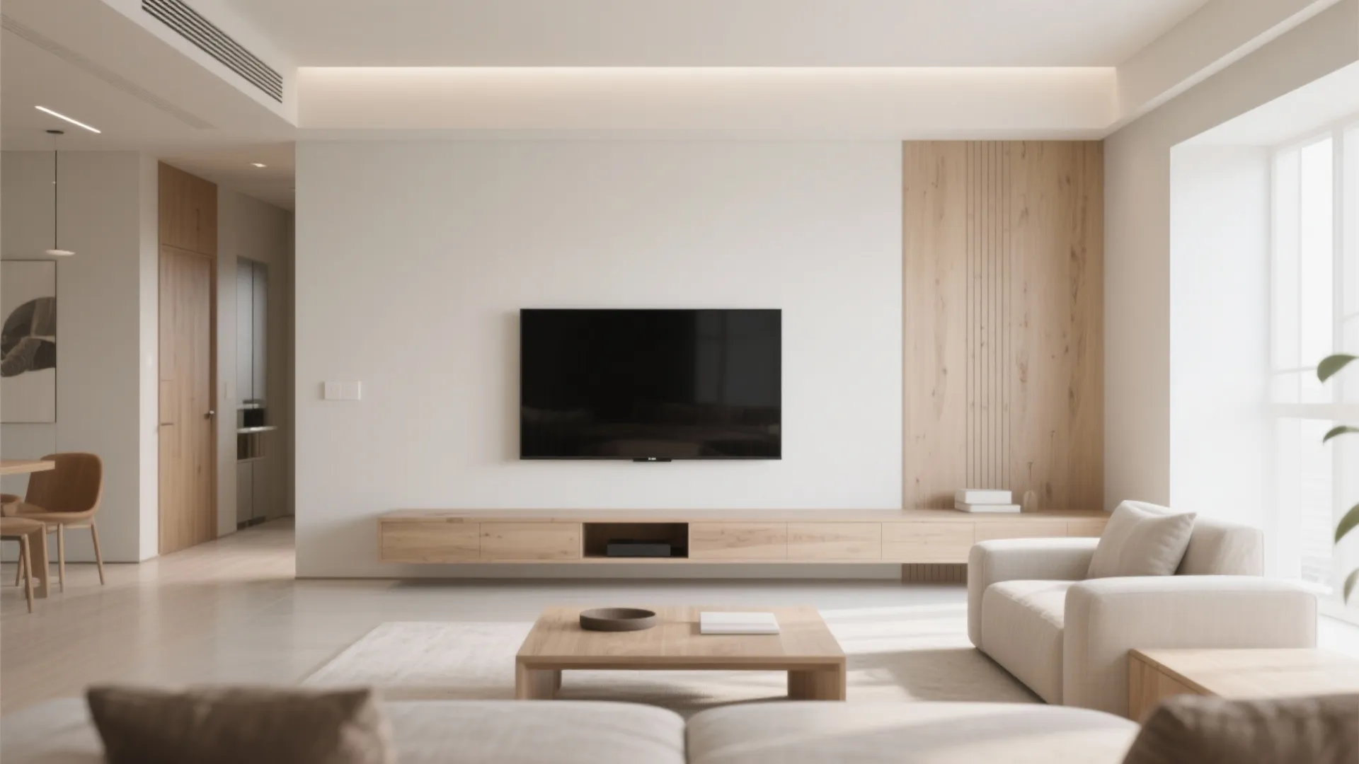 Minimalist living room with wall mounted television wooden cabinet white walls and natural light window