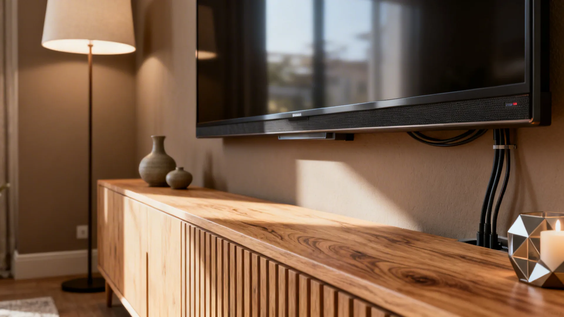 Close-up of wall-mounted TV above low floating storage with hidden cables