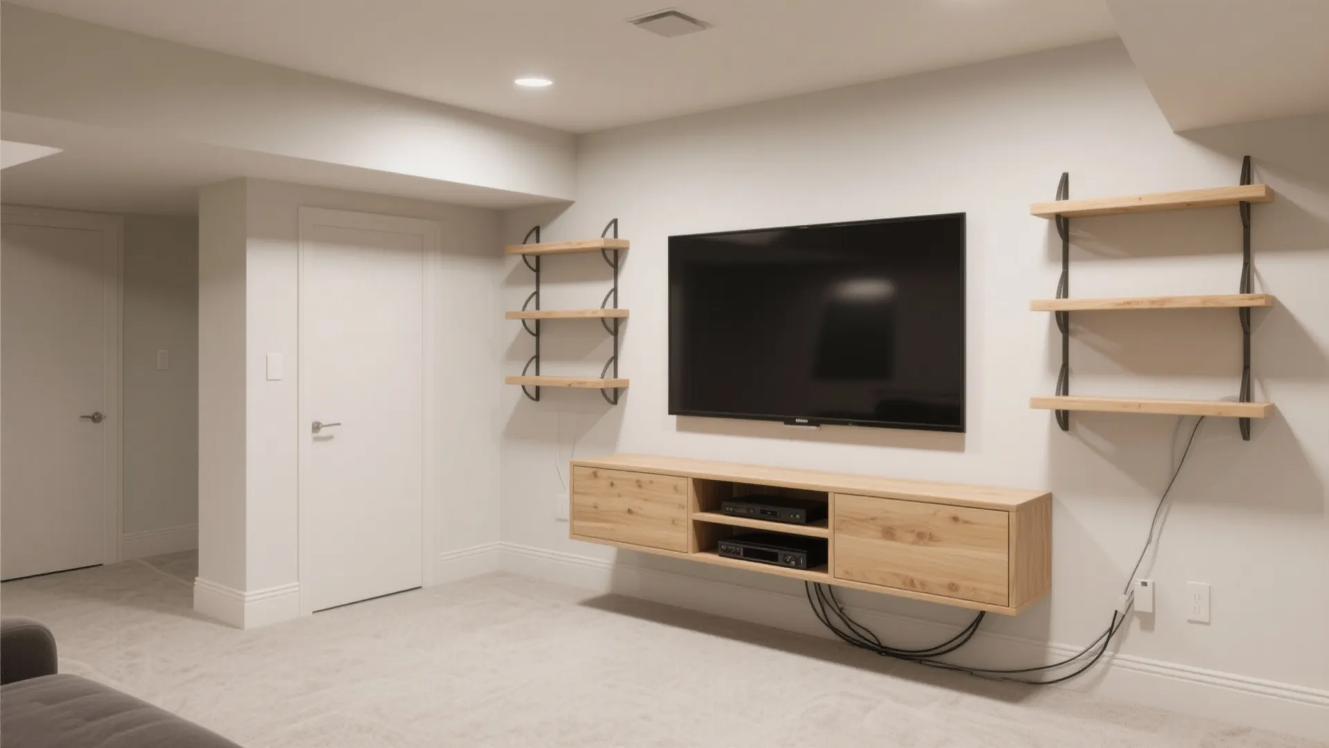 Wall mounted television above wooden cabinet with open shelves on white wall in bright room