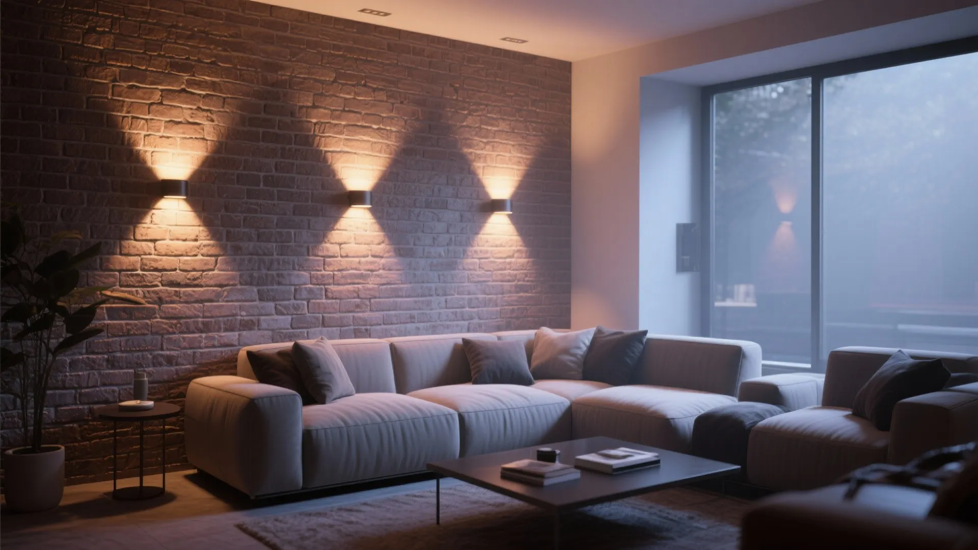 Wall-mounted uplighters illuminating a textured wall