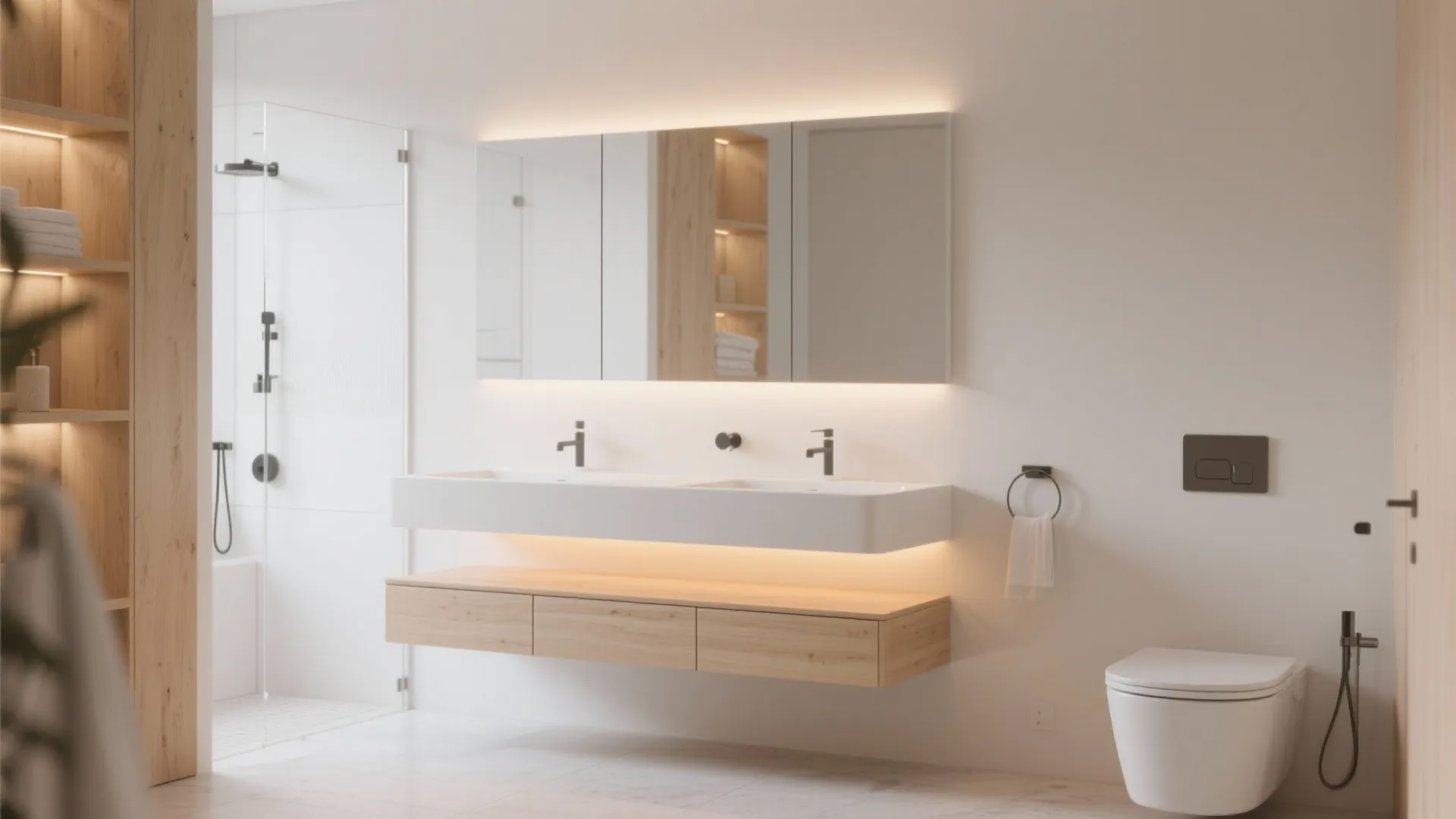 Minimalist bathroom featuring a floating wooden cabinet white sink mirror with lighting and white toilet