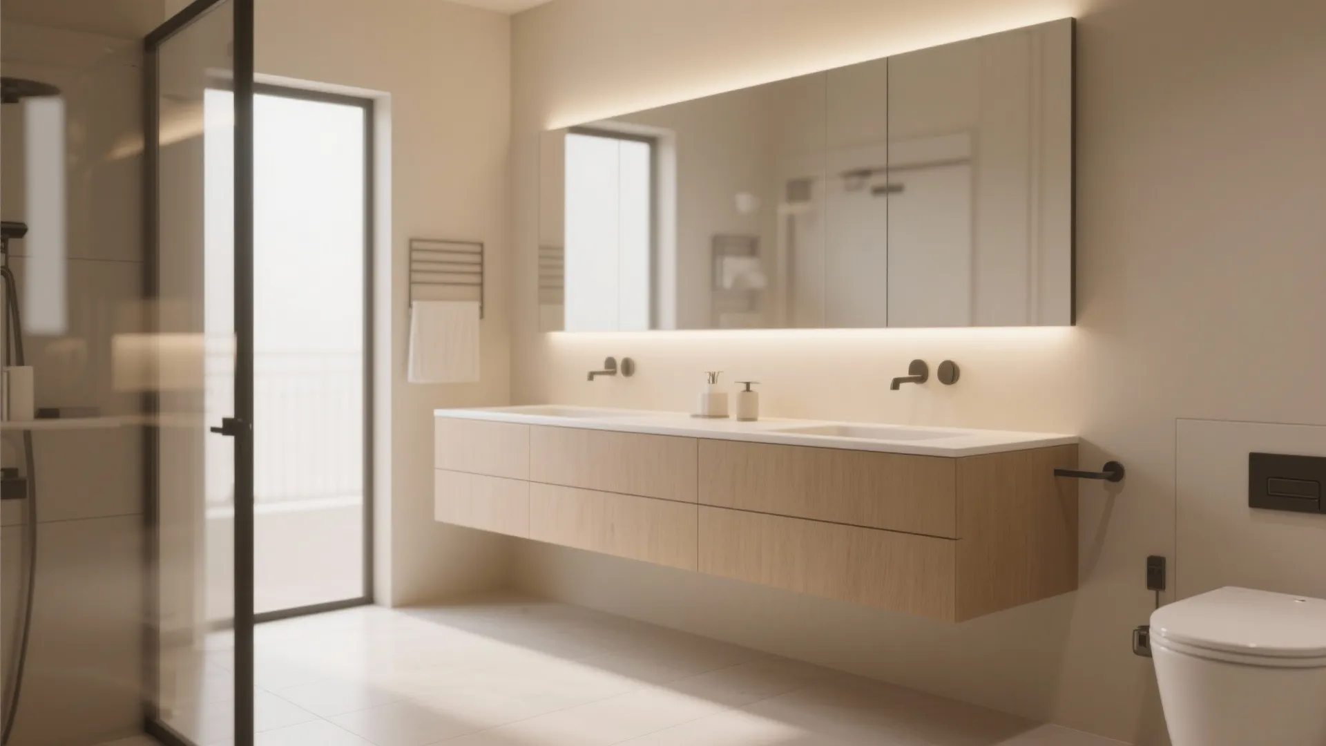Floating vanity creating spacious feel in compact bathroom