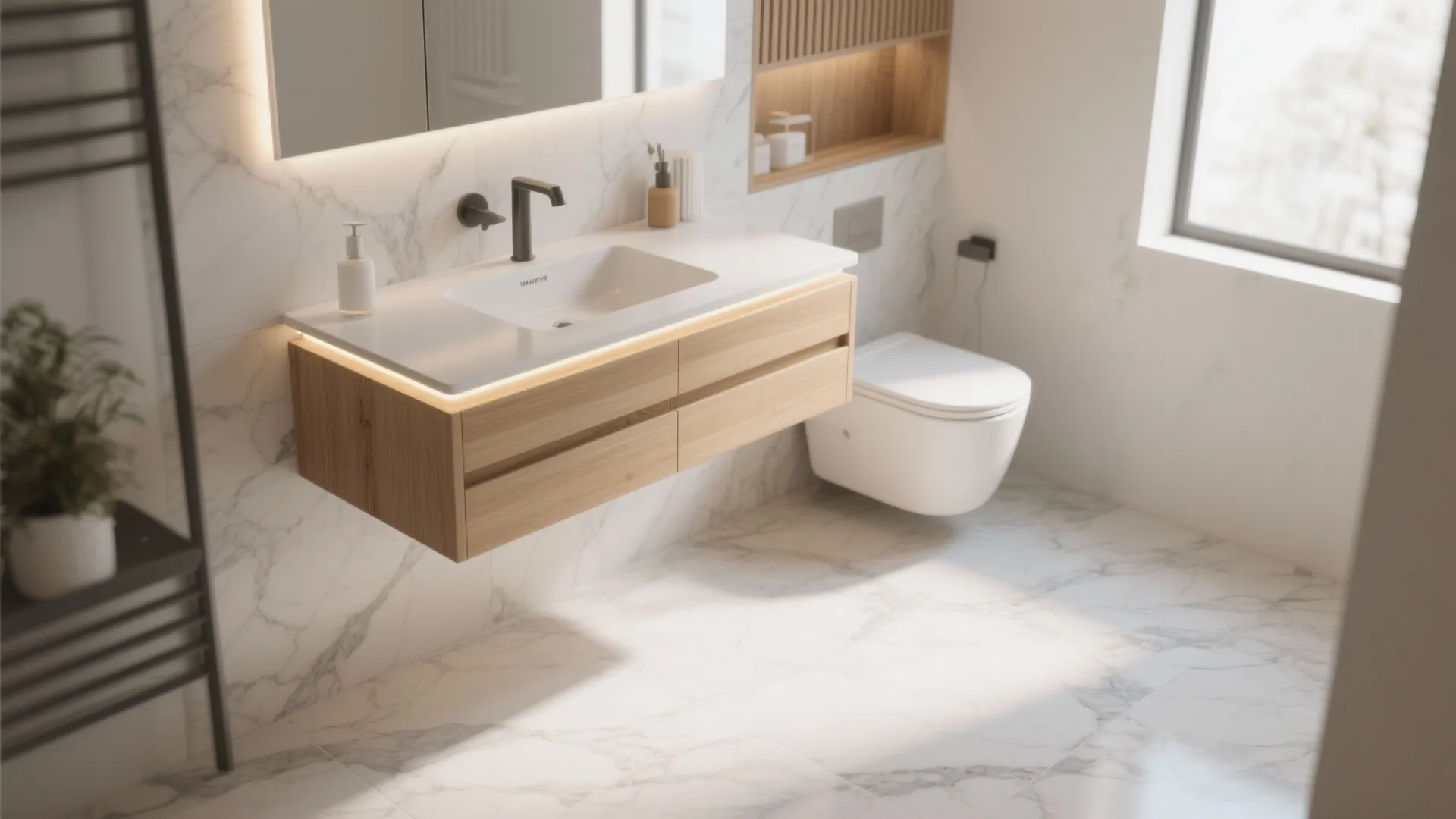 Modern bathroom with wooden floating cabinet under lit mirror beside a white wall mounted toilet