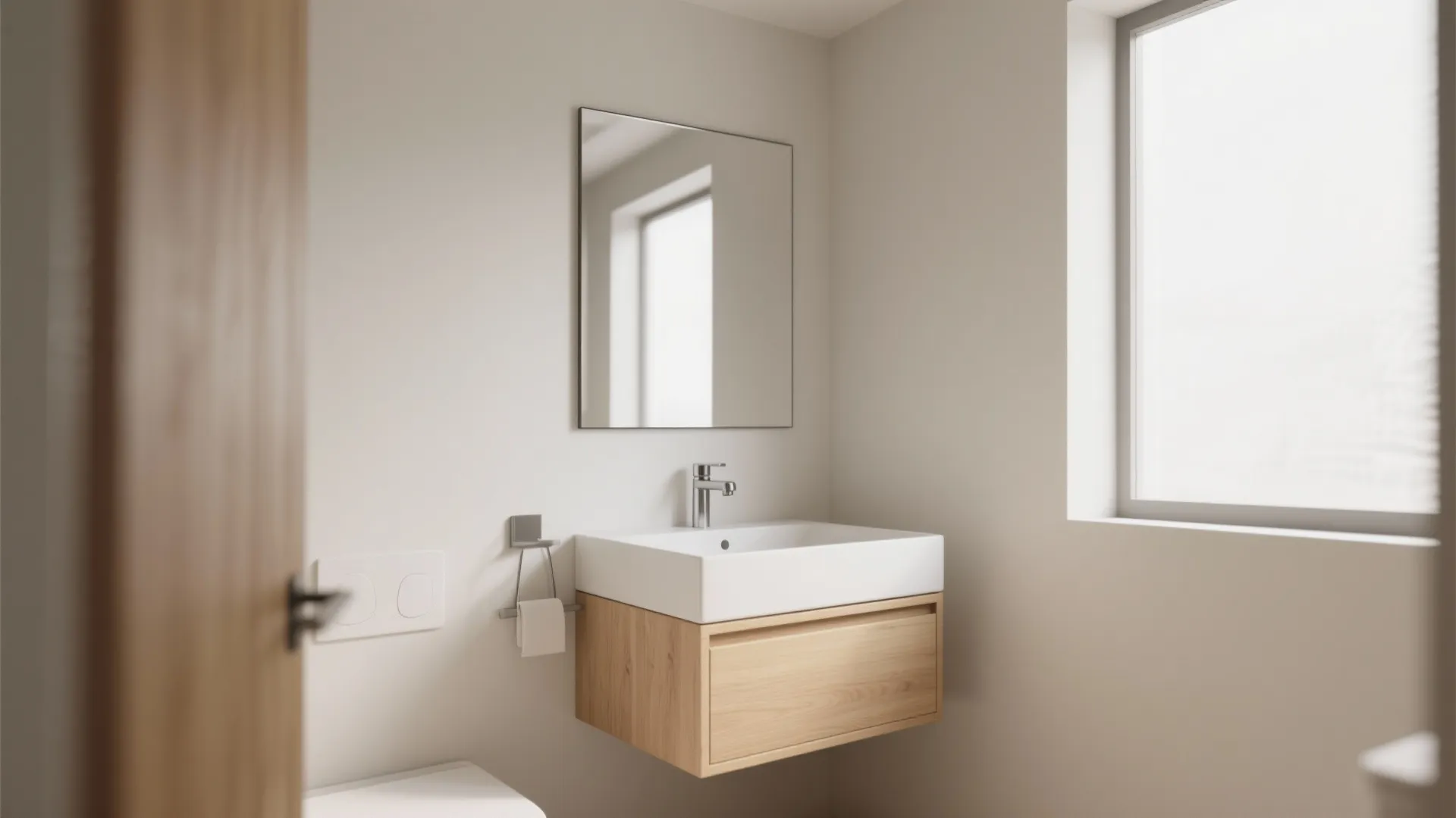 Minimalist bathroom design with wooden cabinet white sink square mirror and window with bright light