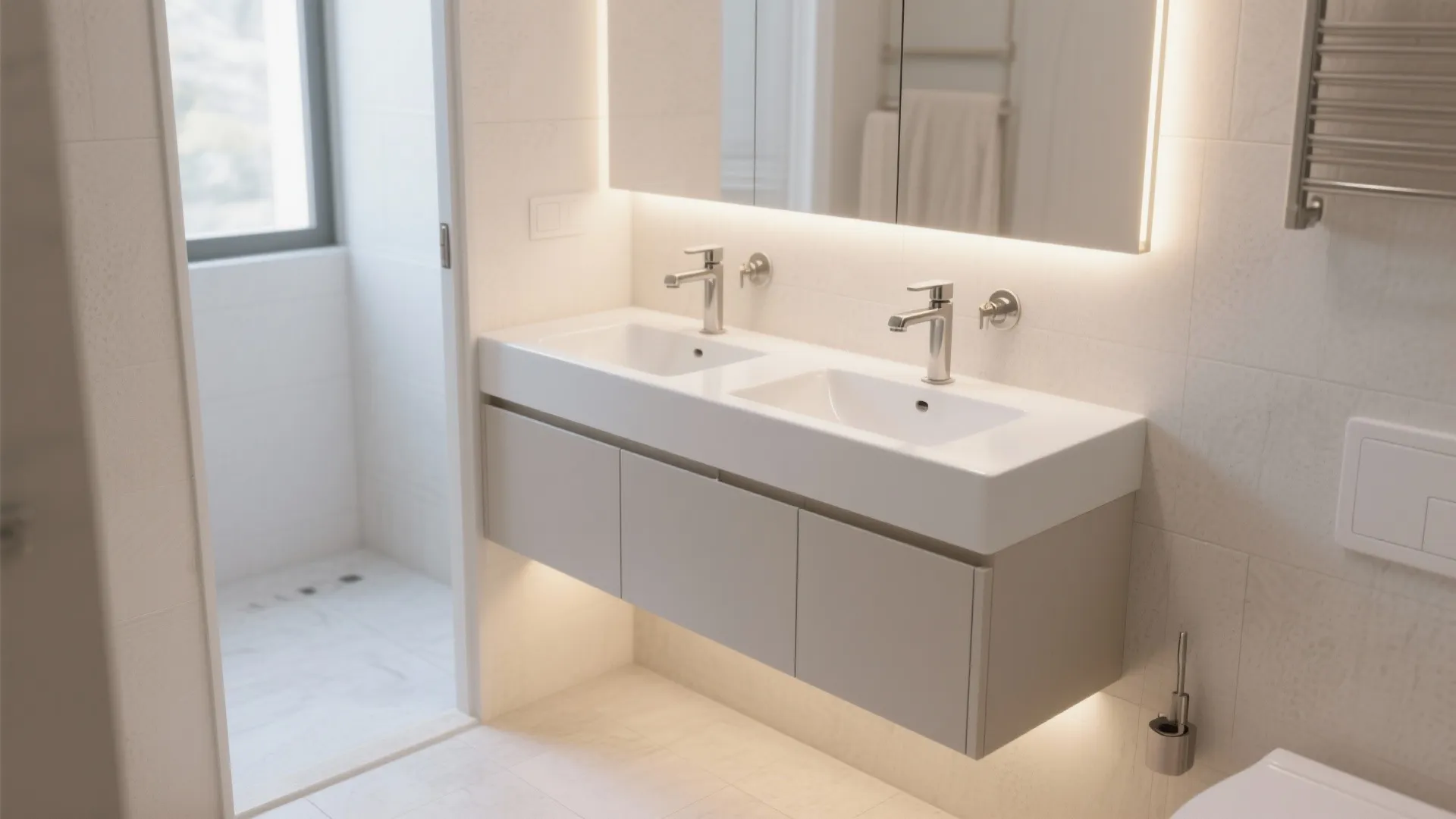 Floating vanity in small bathroom with light walls