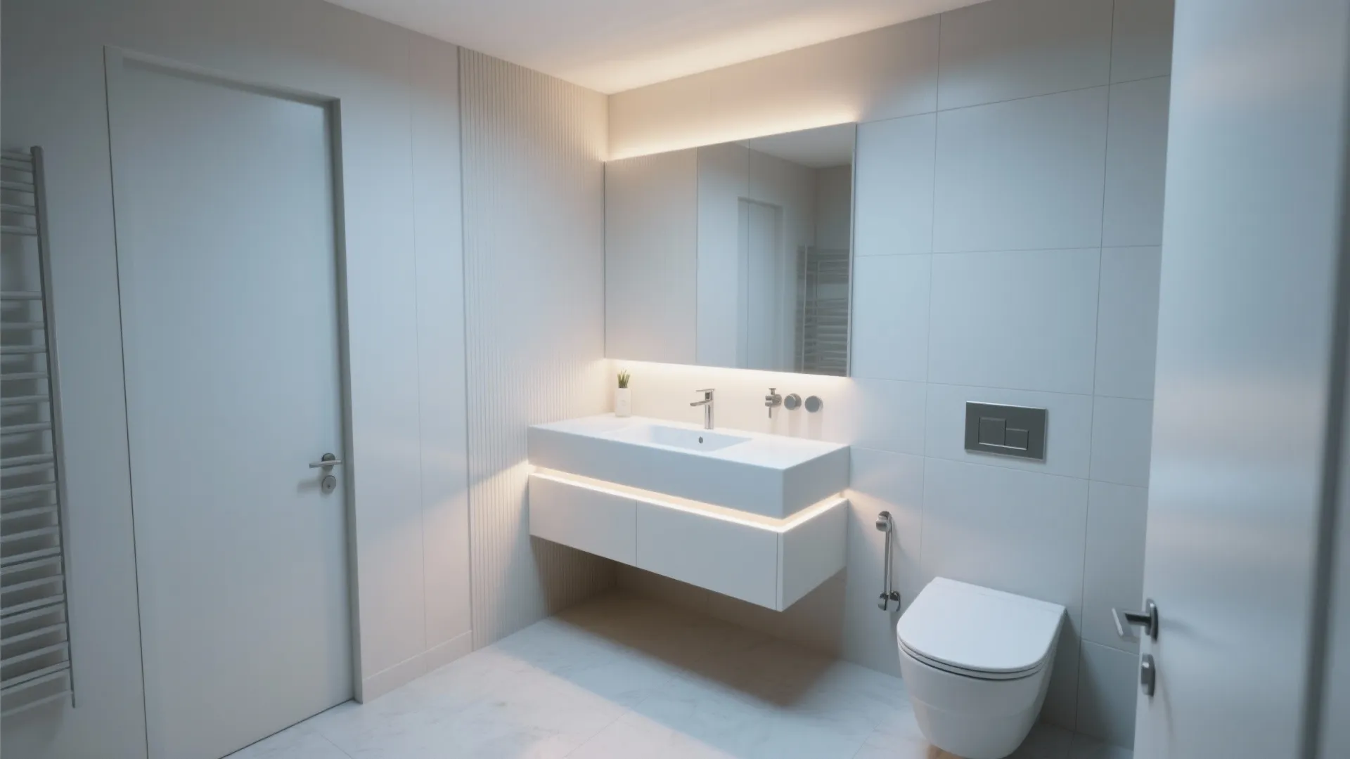 Minimalist bathroom with wall cabinet white sink toilet mirror with back light and grey tile