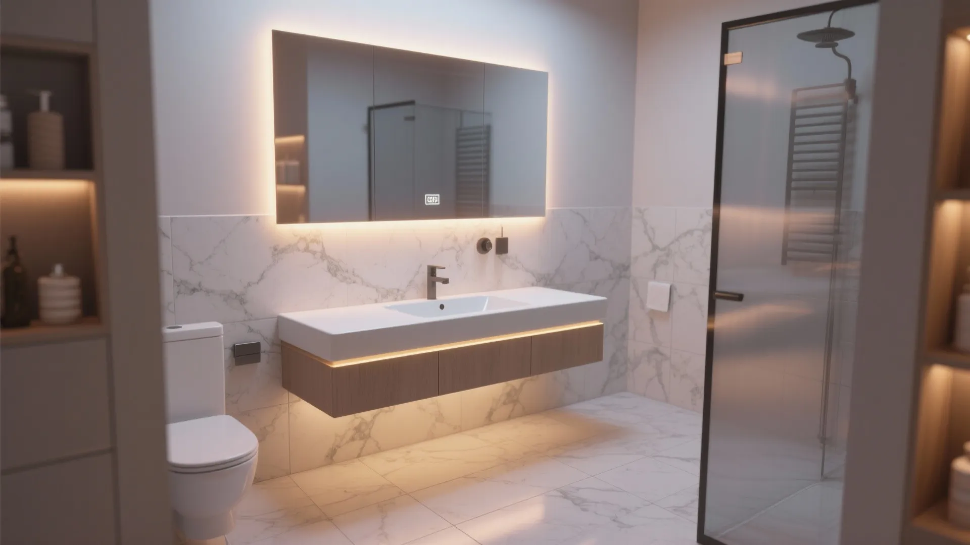 Modern bathroom featuring white marble walls with floating wood cabinet and large glowing mirror design