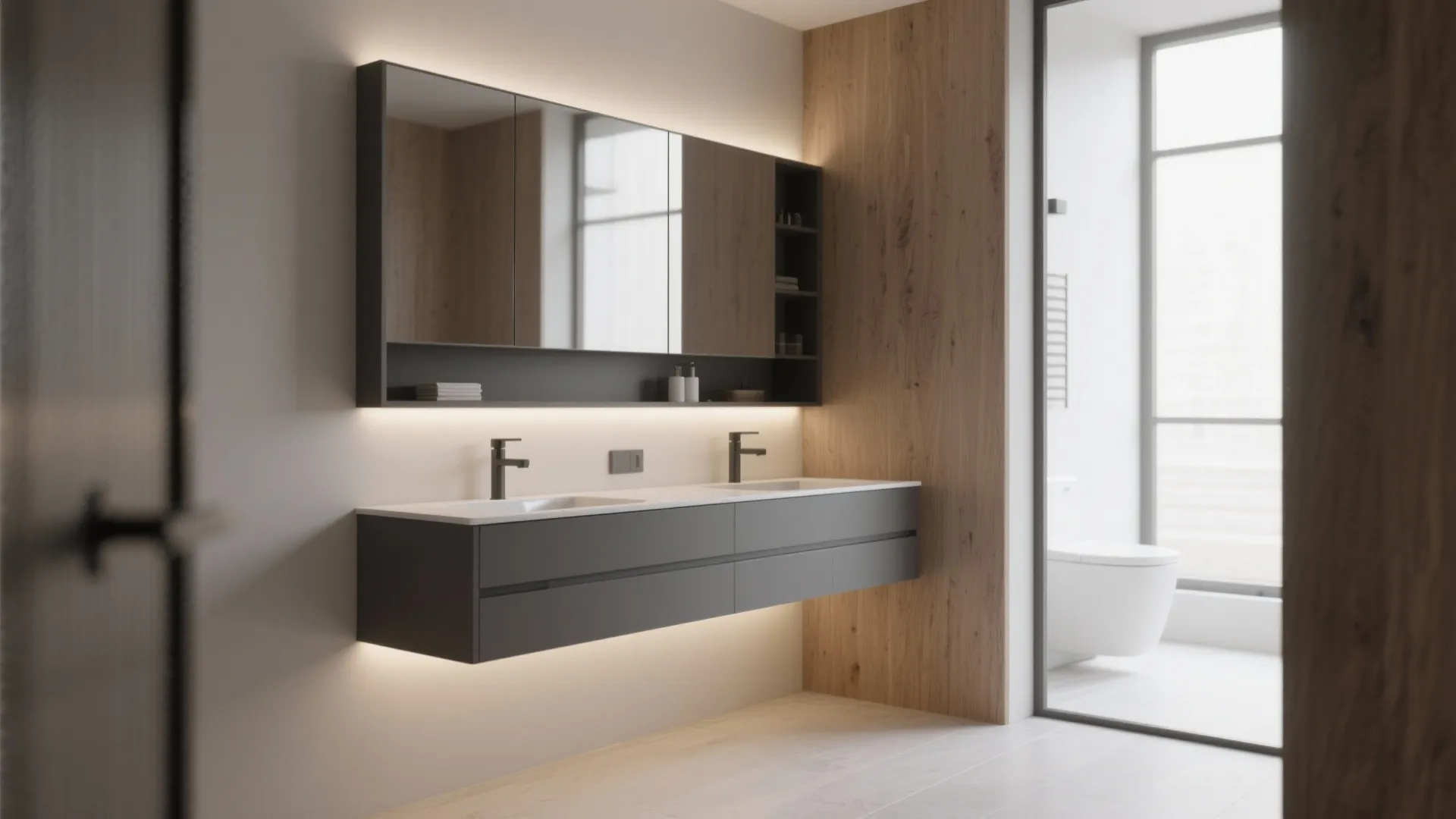 Floating wall-mounted vanity saving space in a small bathroom