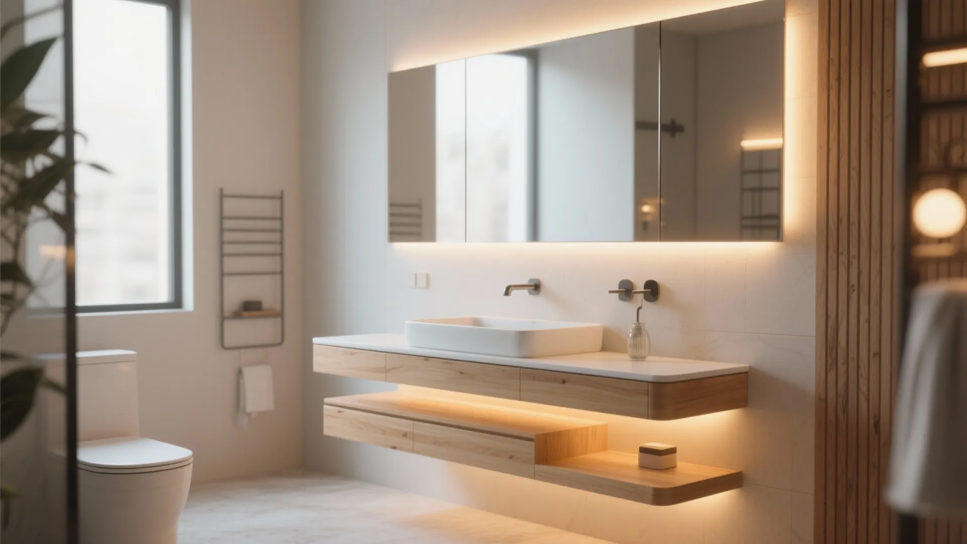 Minimalist bathroom with wooden floating cabinet white sink large backlit mirror and light grey tiles
