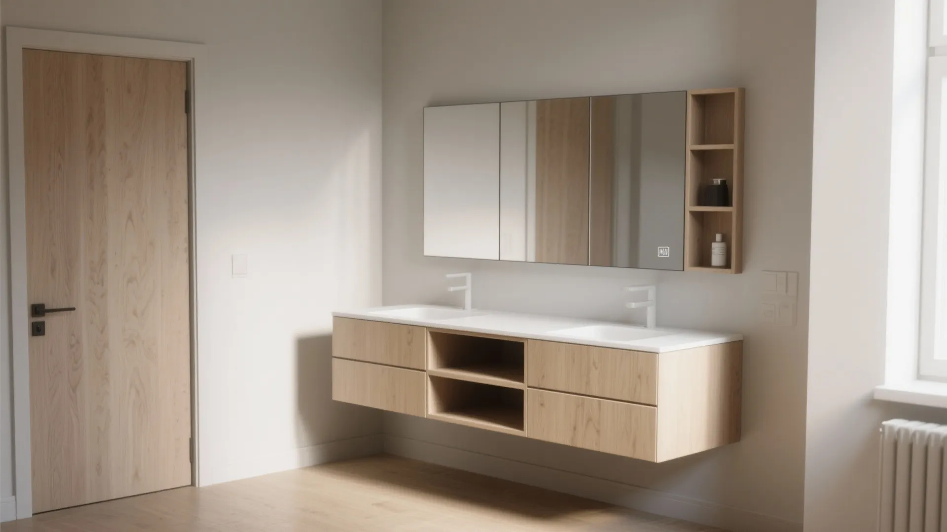 Modern wood bathroom cabinet with two sinks and large mirror plus a small storage shelf
