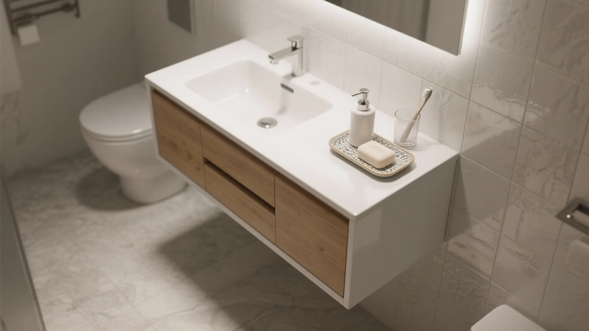 Narrow wall-mounted vanity with decorative tray and clear floor space underneath