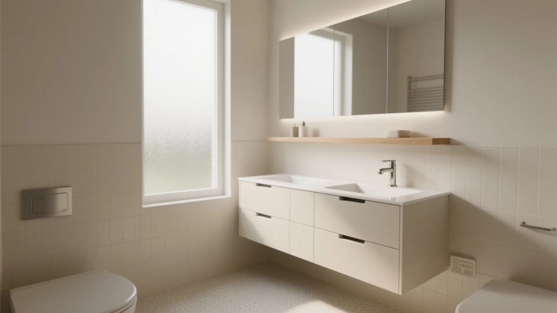 Floating wall-mounted vanity with slim-edge mirror in a compact Western bathroom.