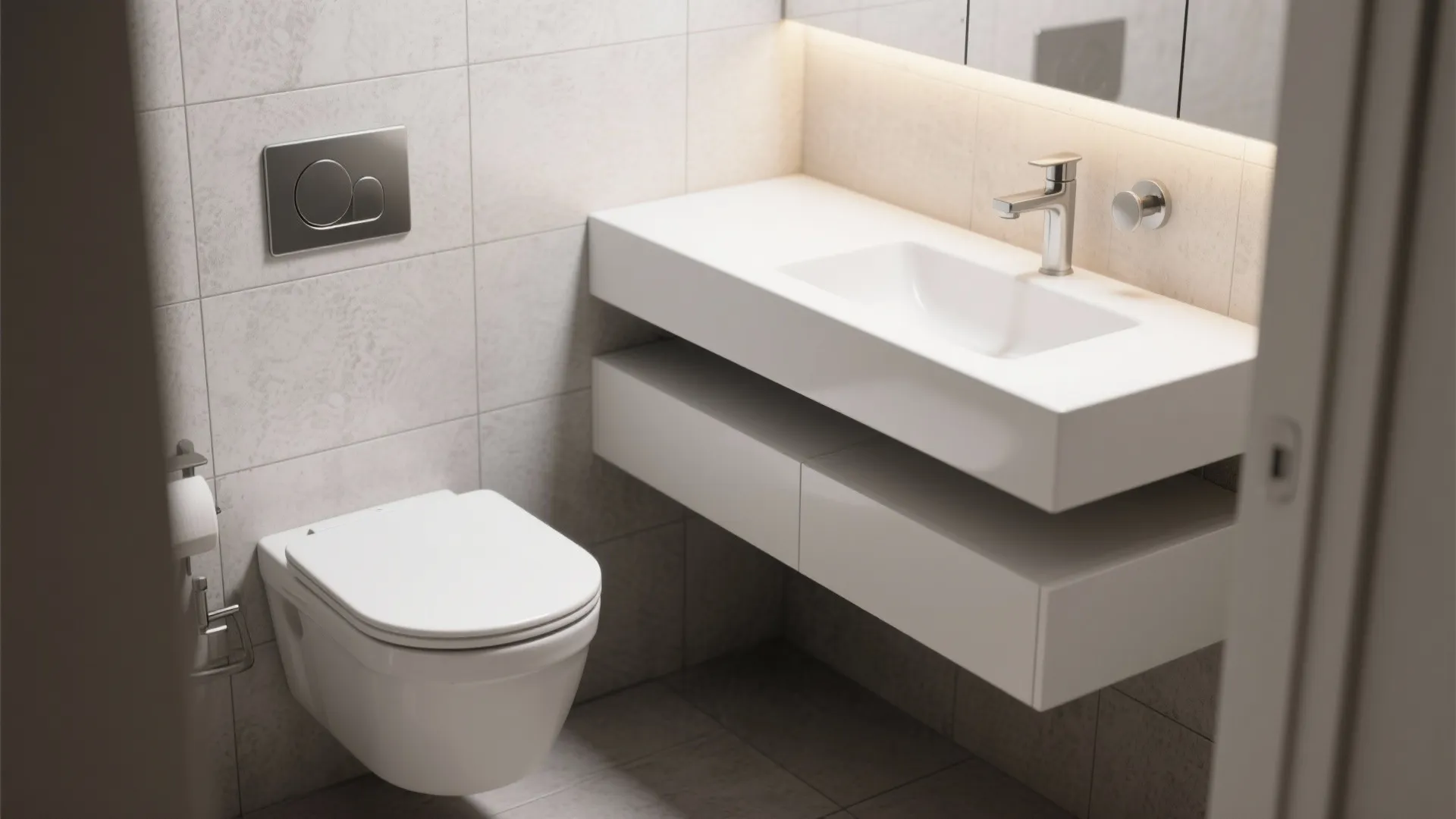 Close-up of wall-mounted toilet and floating vanity showing freed floor space and clean modern finishes