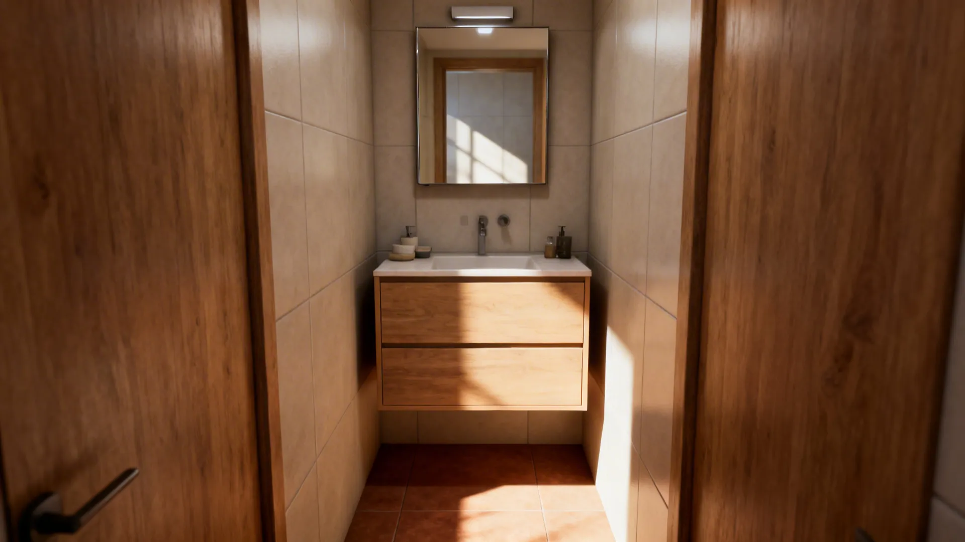 Small bathroom with a wood cabinet sink a square mirror and a simple wall light