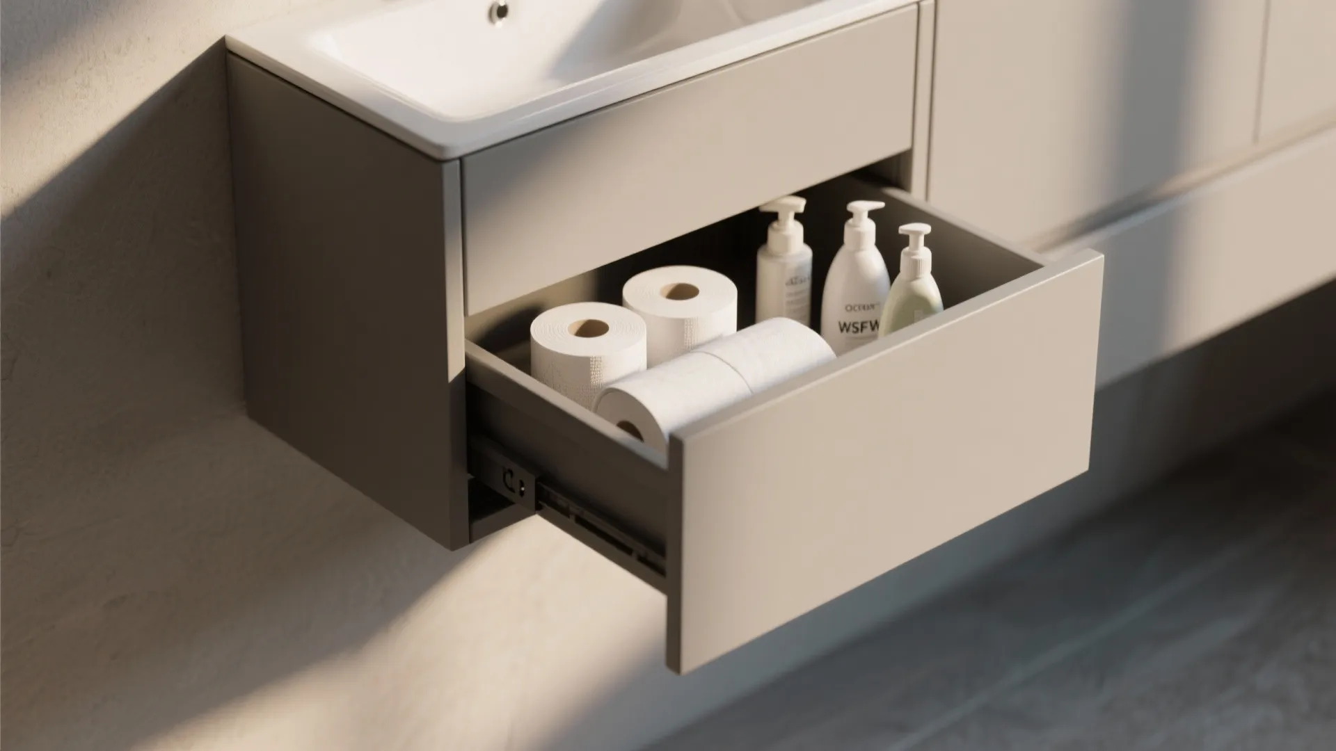 1. Wall-mounted vanity with integrated storage