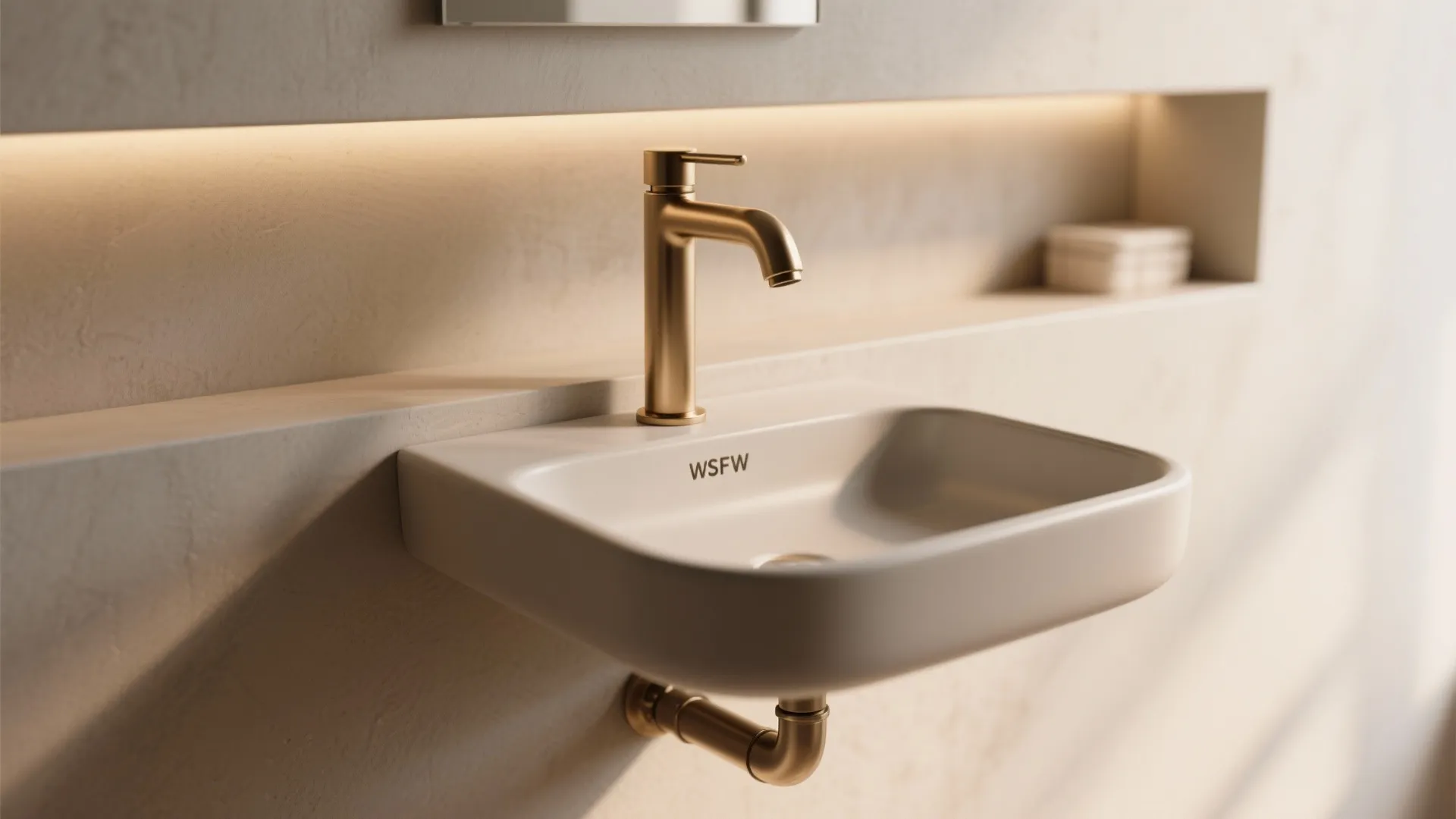 Modern wall mounted white sink with a gold faucet and built in wall shelf lighting