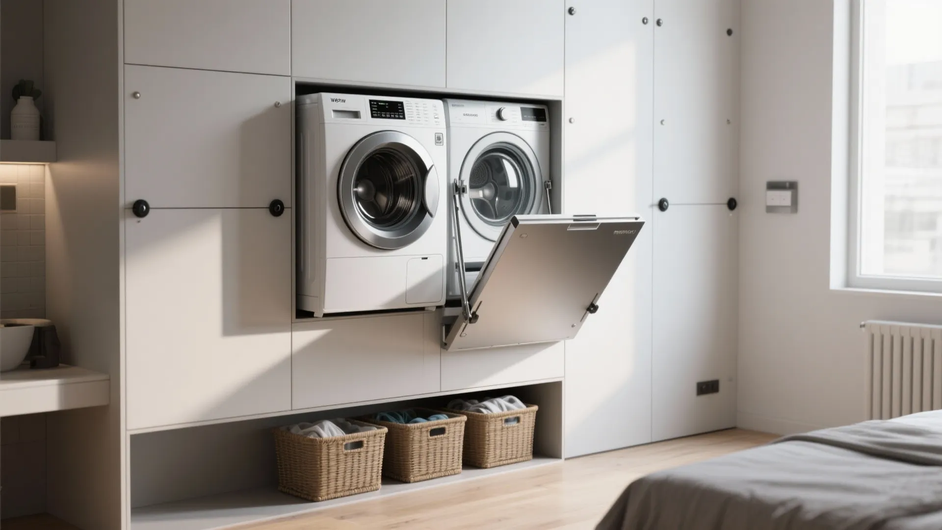 Modern laundry setup with two washing machines built into a white wall cabinet with baskets