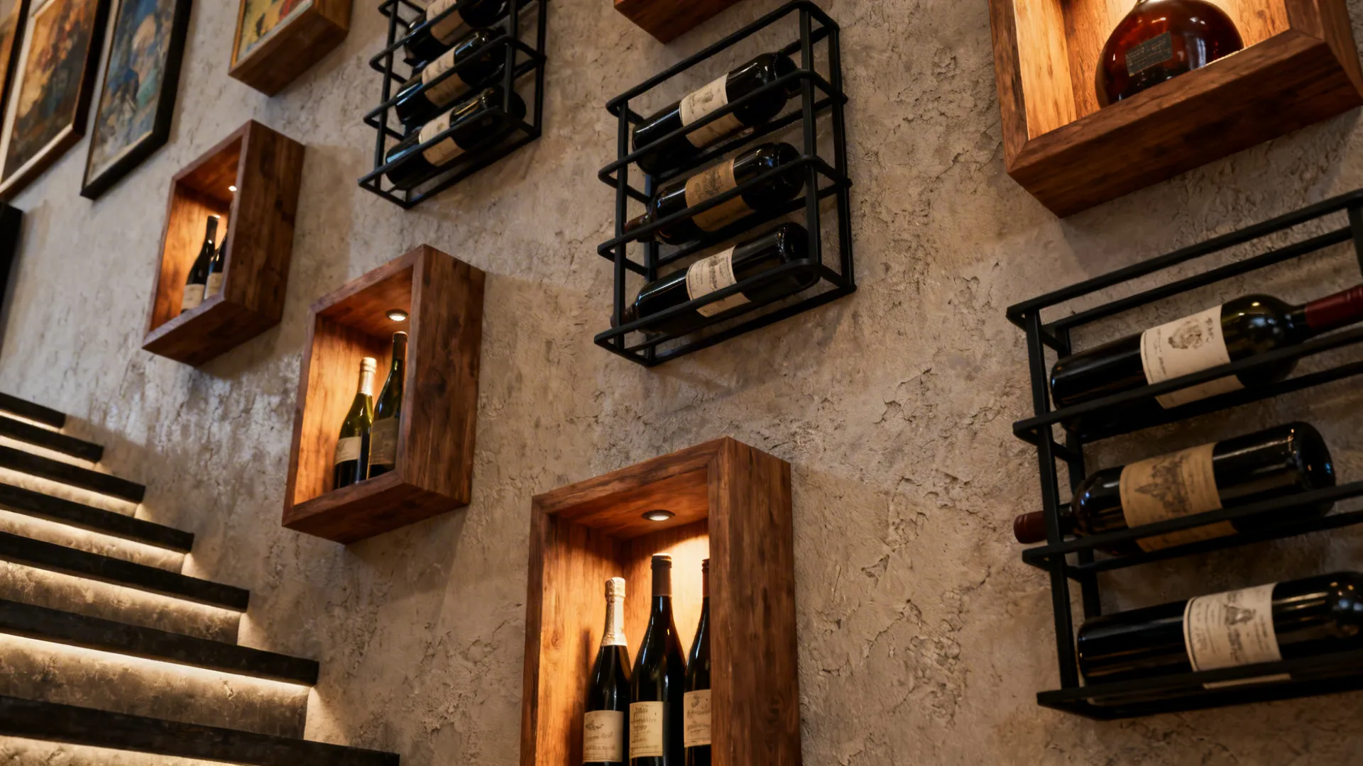 Staggered wall-mounted wine racks and recessed stair-tread cubbies showcasing bottles as art.