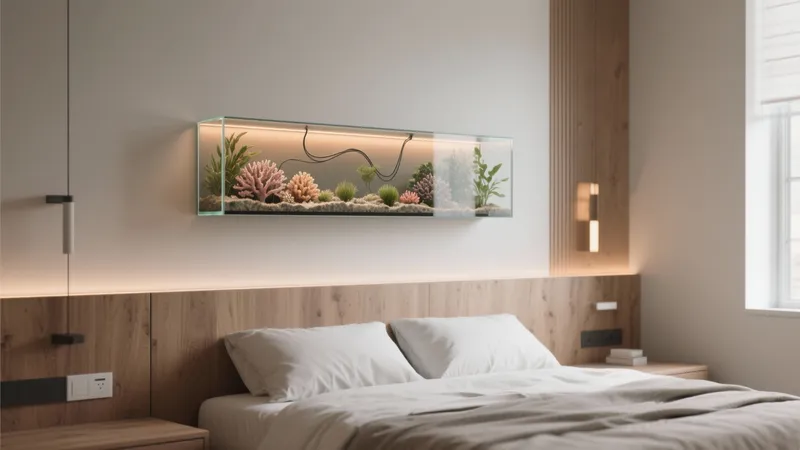 Modern Bedroom with Wall-Mounted Aquarium Headboard