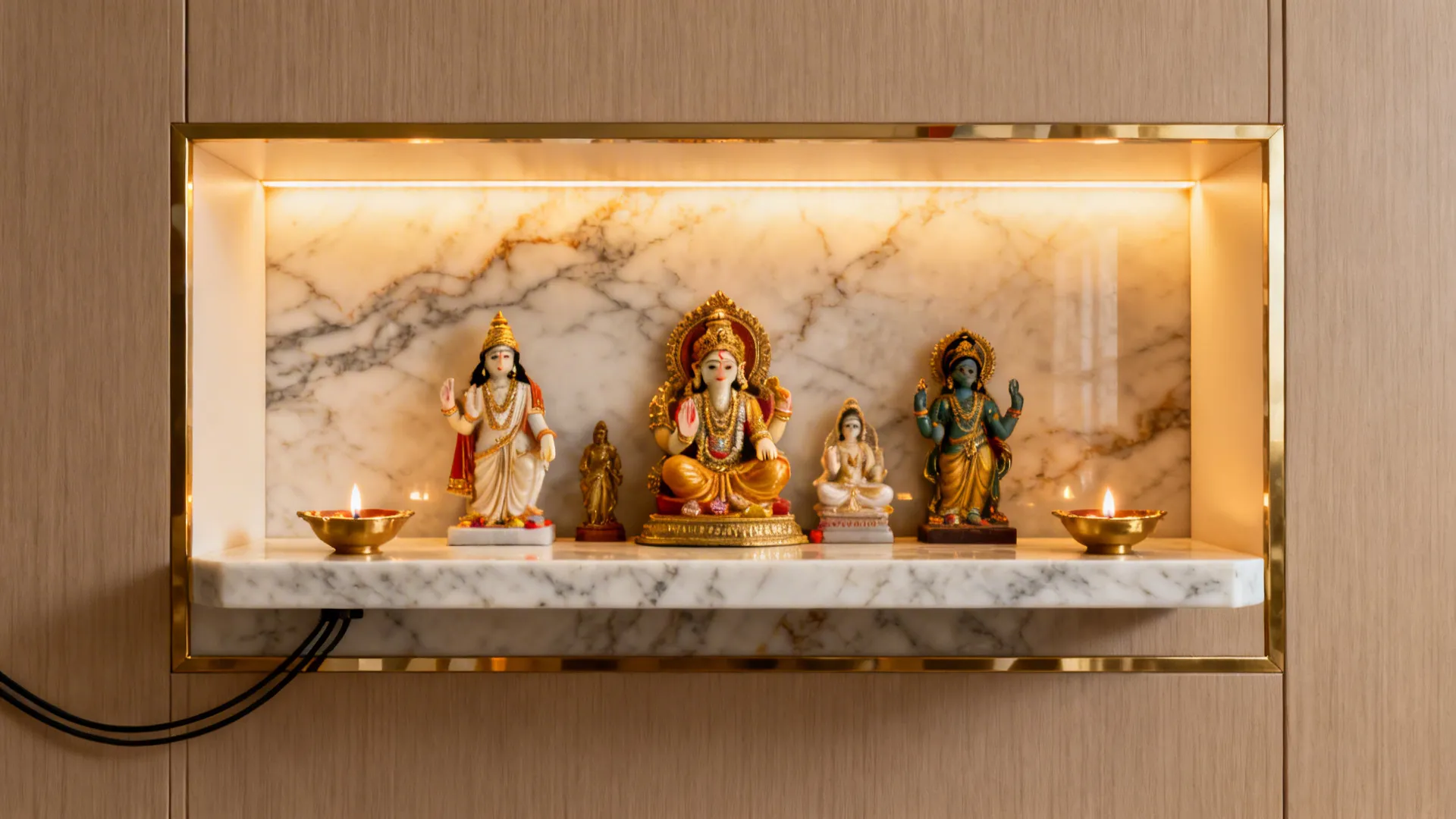Close-up of a wall niche mandir with warm backlit onyx panel and a small marble ledge.