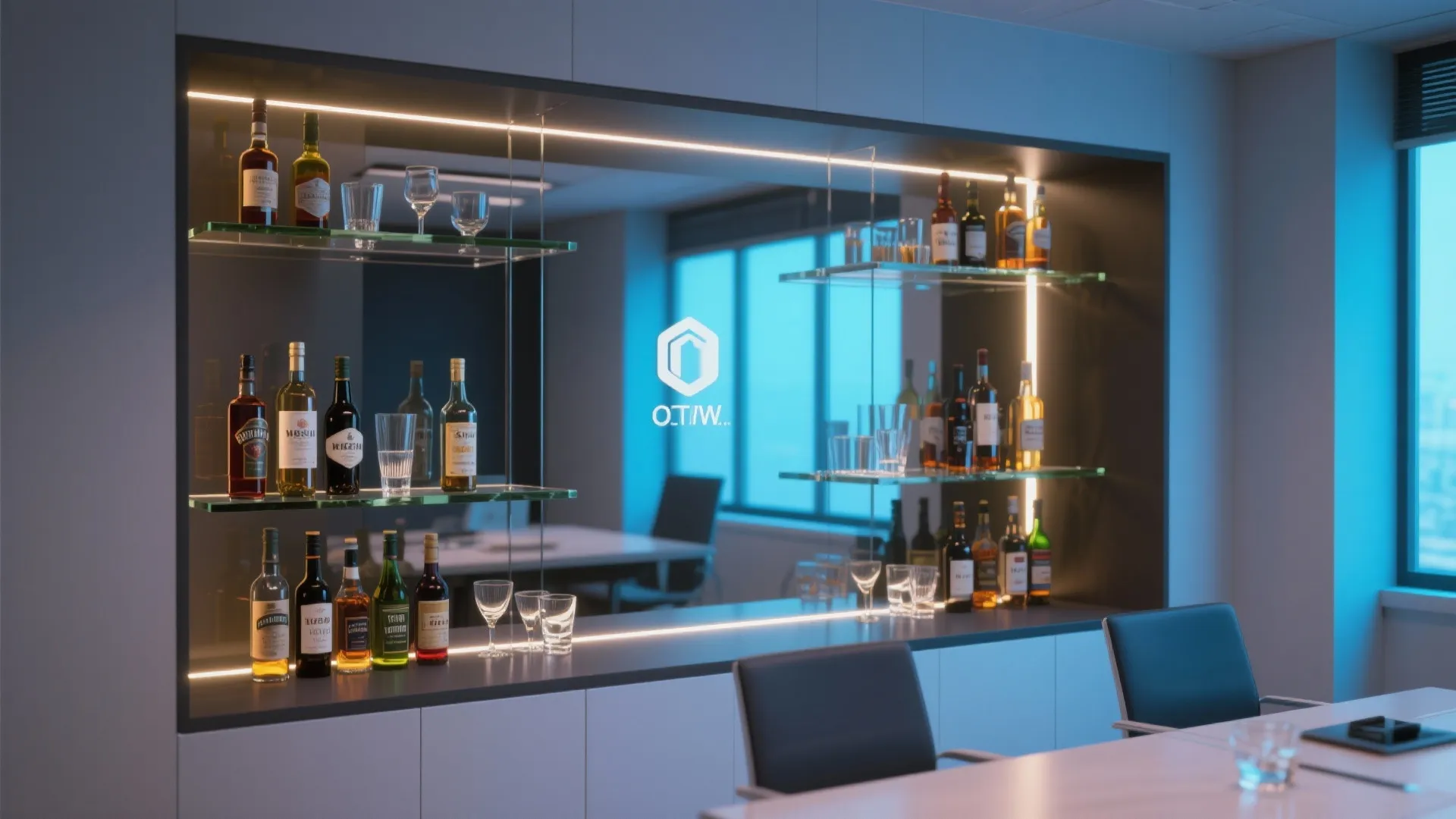 Modern office wall bar cabinet with glass shelves featuring various glass bottles and warm lighting