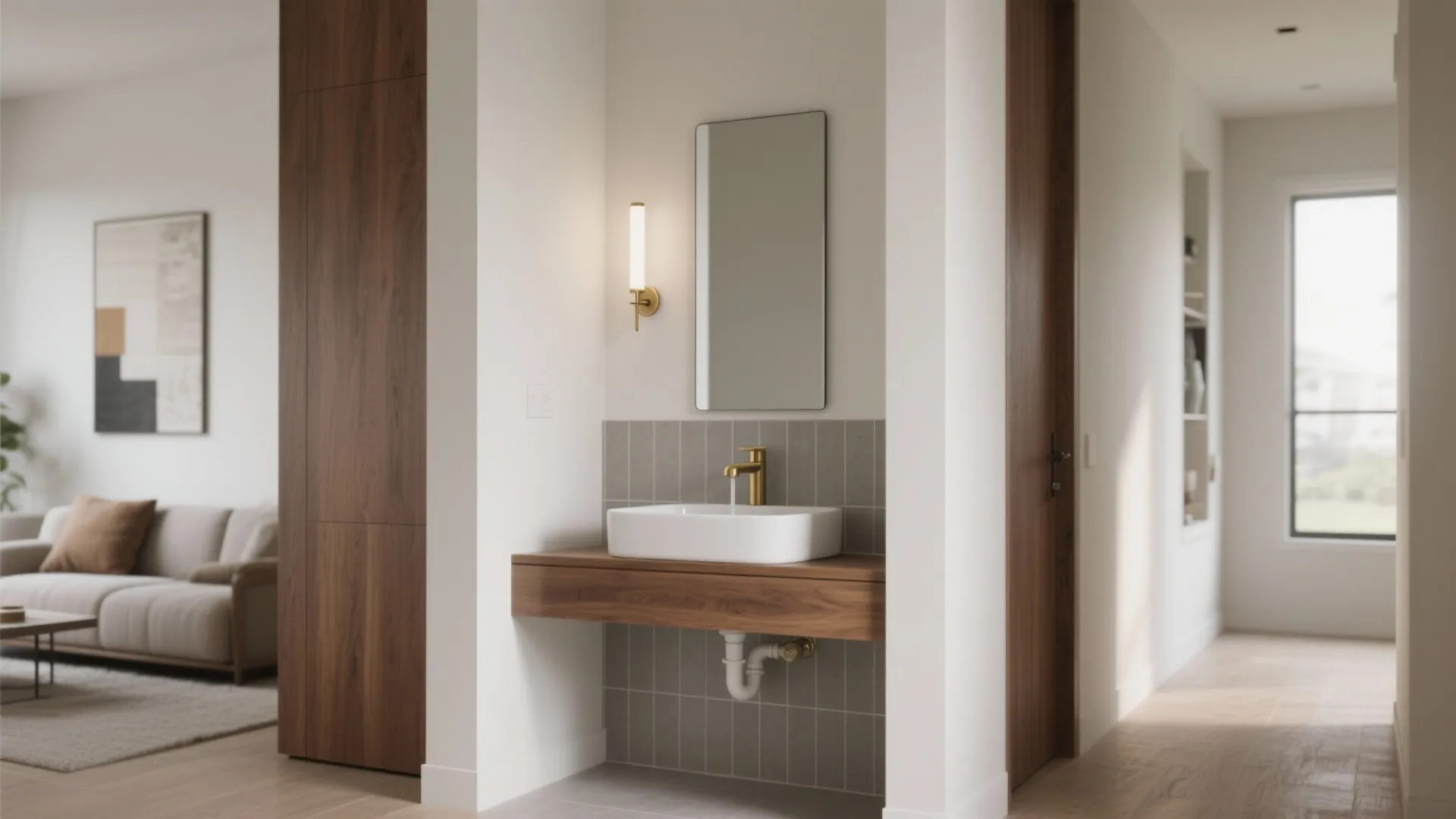 Minimalist hallway sink area with white basin wooden shelf gold faucet mirror and wall light fixture