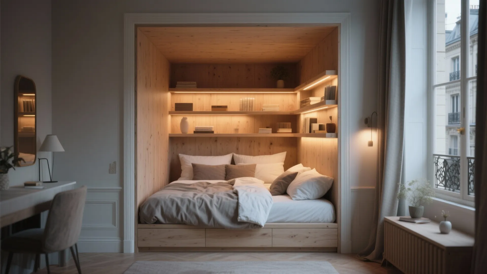 Bed tucked into wooden wall niche with built in shelves and soft light by window