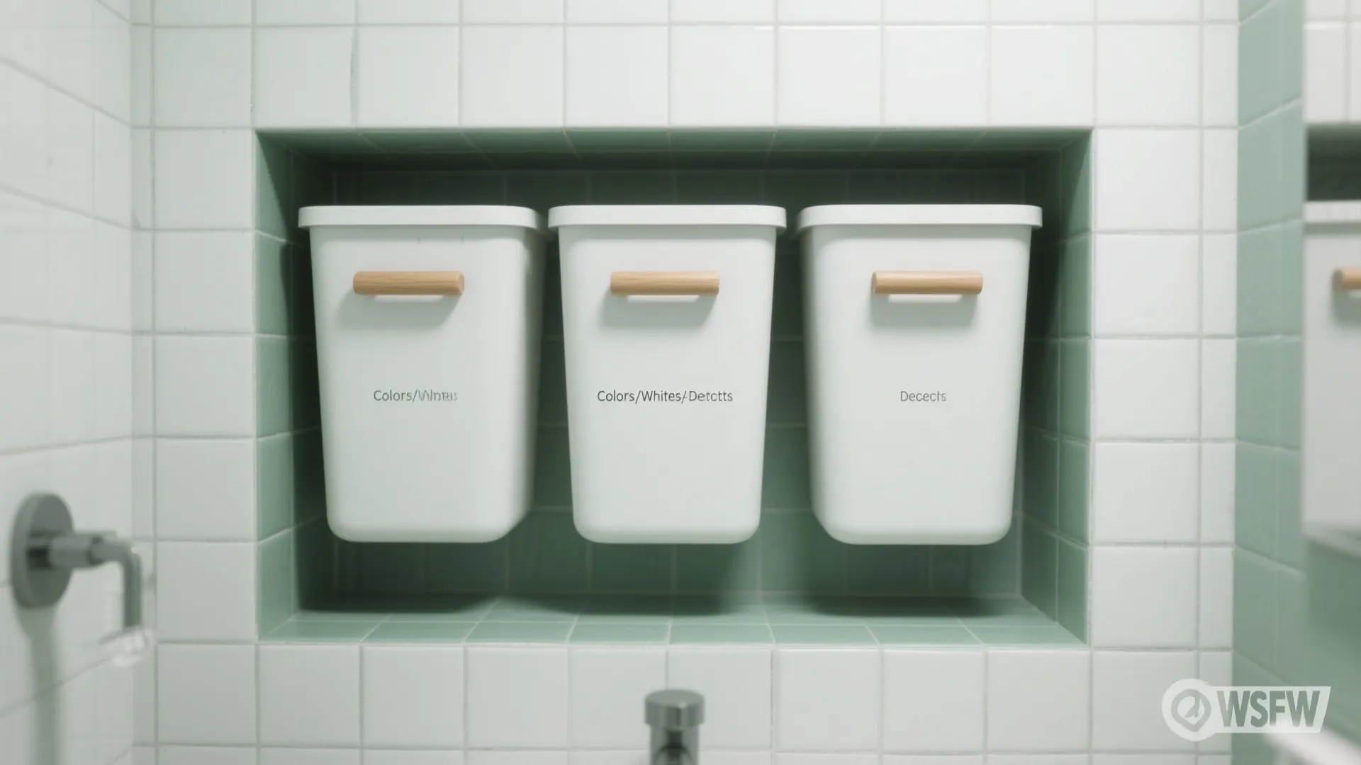 Three white laundry bins organized inside a green tiled wall niche for a clean bathroom