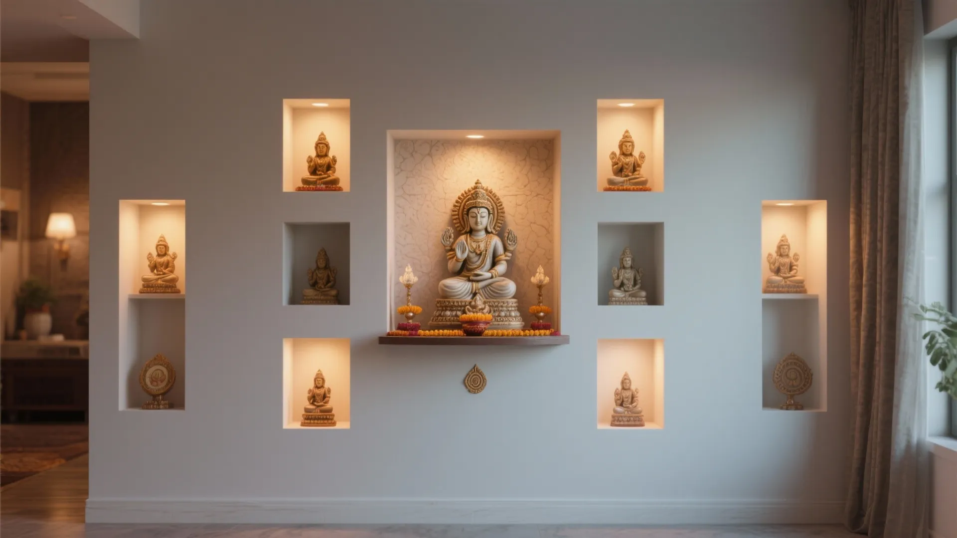 White wall with several square niches holding small religious statues and warm built in lights