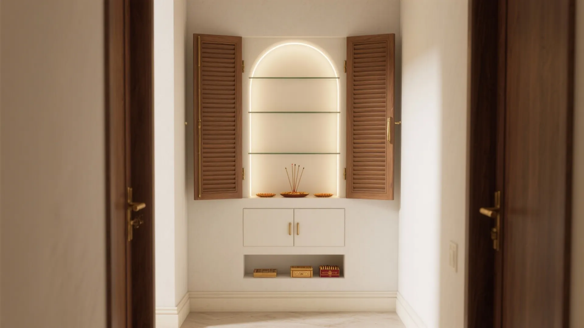 Minimalist wall‑niche mandir with closed storage