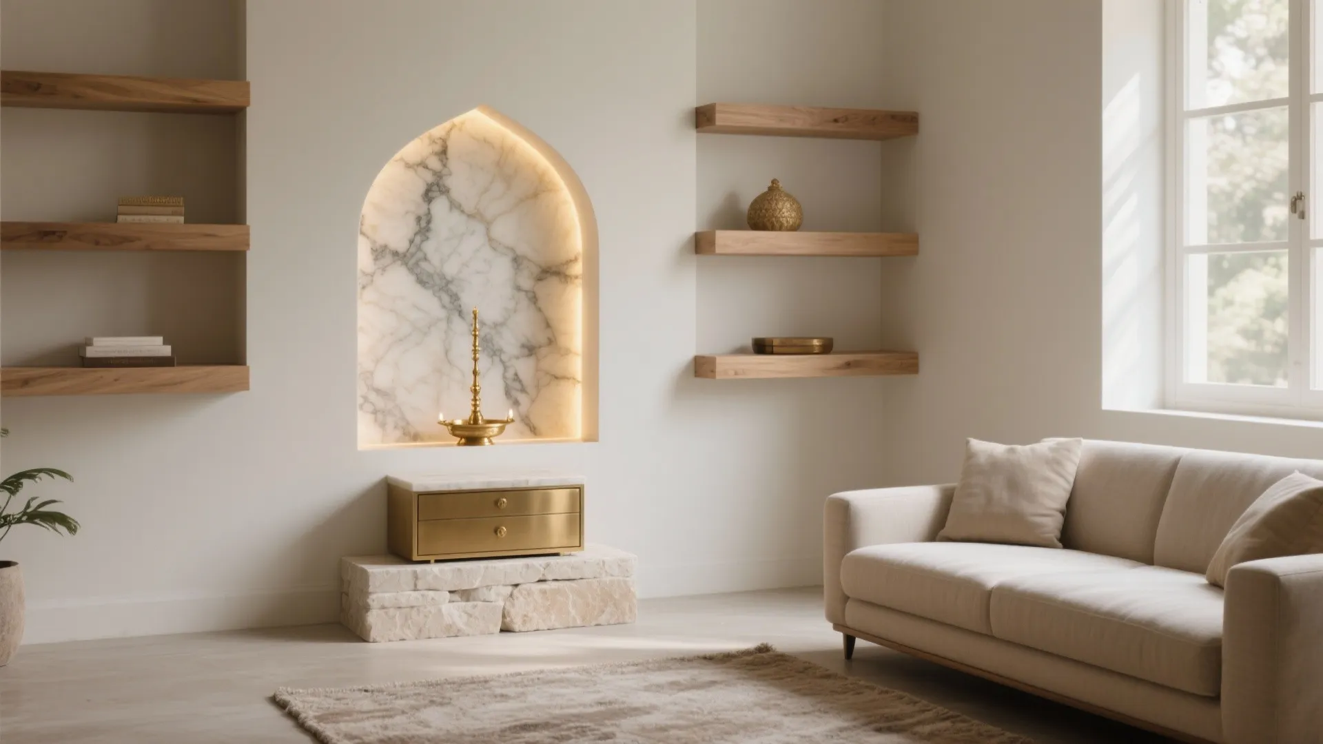 1) Minimal wall-niche mandir with concealed storage